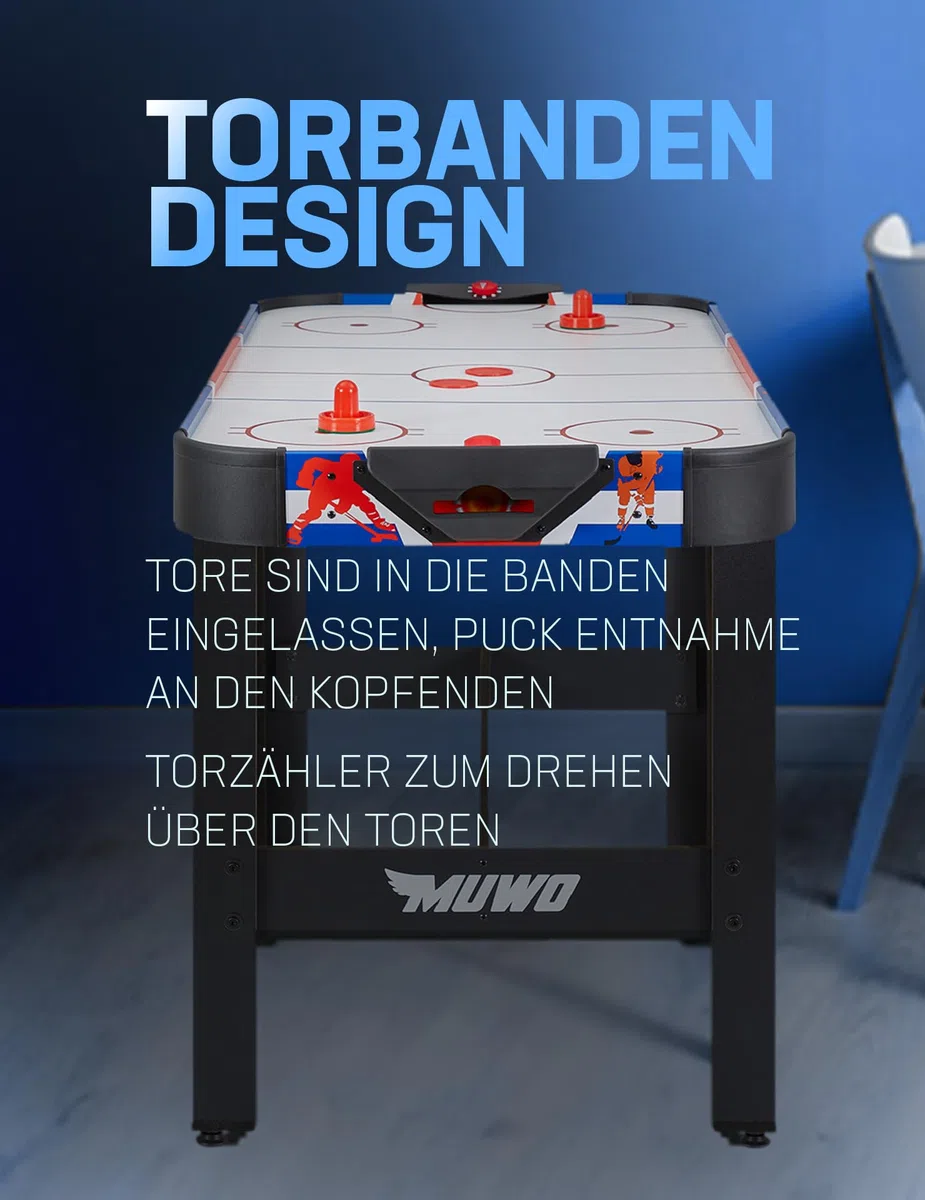 MUWO Air Hockey Tisch 122x61x79 cm, Torzähler, inklusive 2 Pucks und 2 Pusher, Harte, robuste Kunststoffbanden