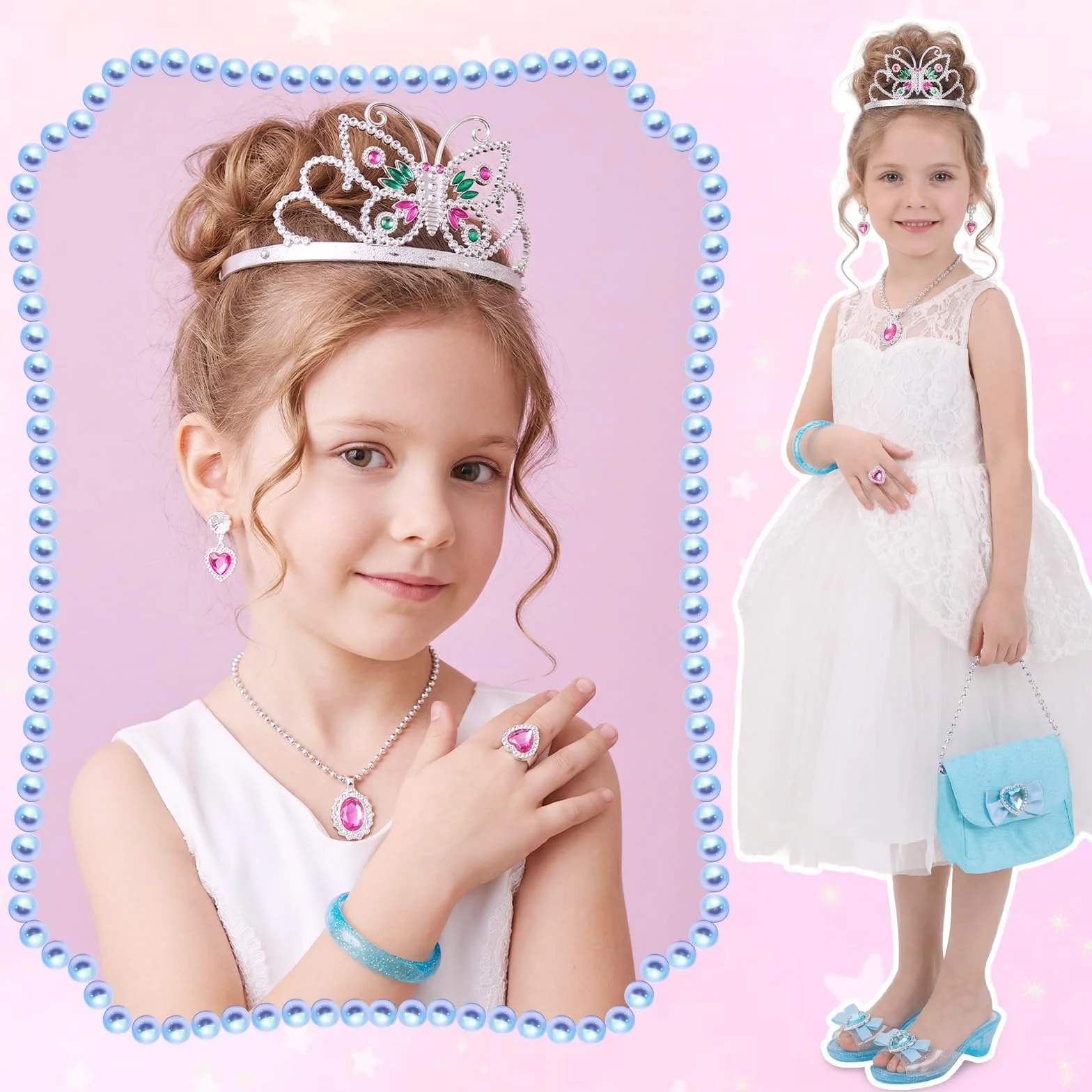 deAO Princess Schuh Spielzeug- und Schmuckboutique mit 4 Paar Schuhen, Armbändern, Halskette, Tasche, Ohrringen und Krone Mädchen-Tiara inklusive Kinder Schminkset Prinzessin Schuhe Mädchen