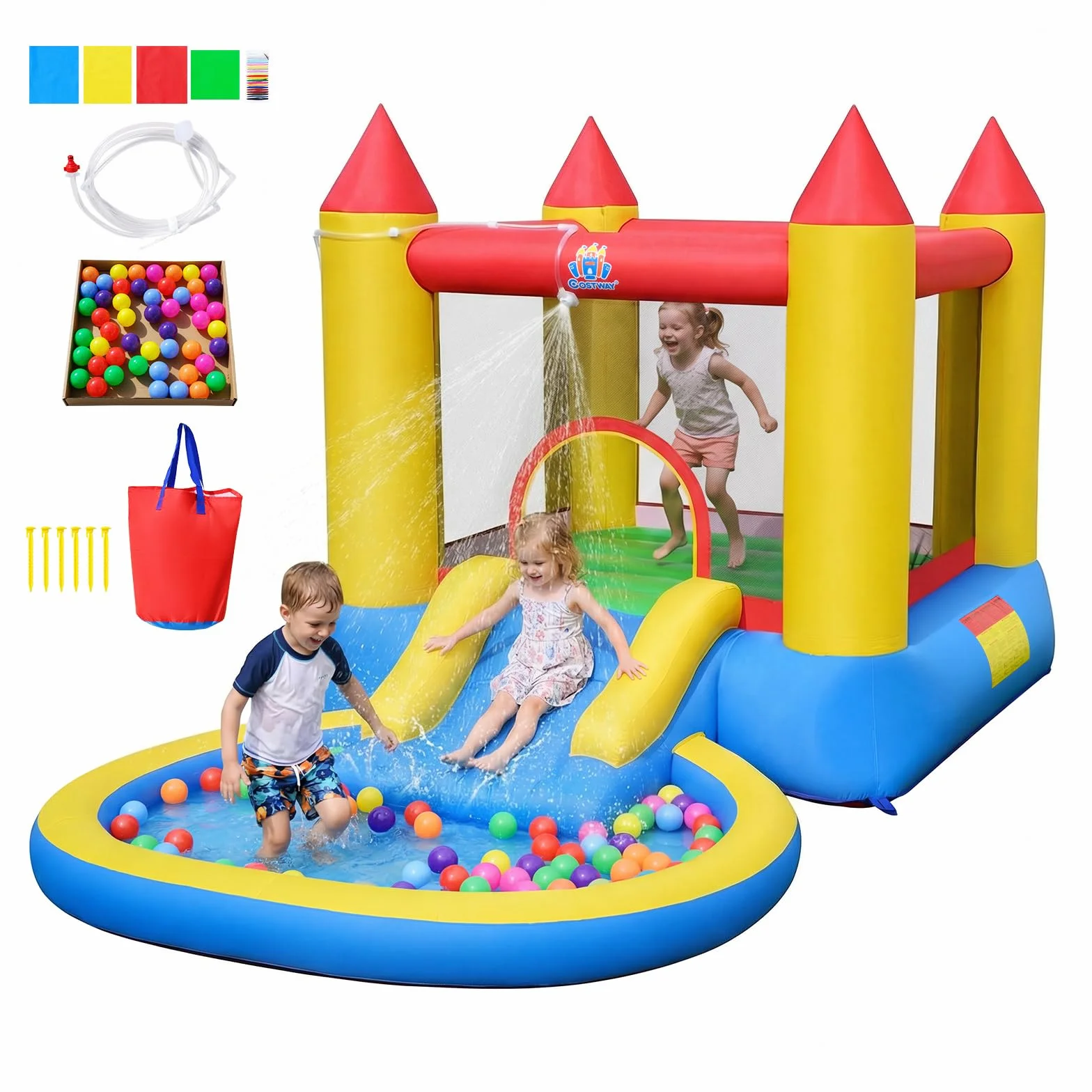 COSTWAY Hüpfburg mit Rutsche, Sprungbereich & Planschbecken, Bouncy Castle für Kinder, Innen- und Außenbereich, 362 x 196,5 x 193 cm