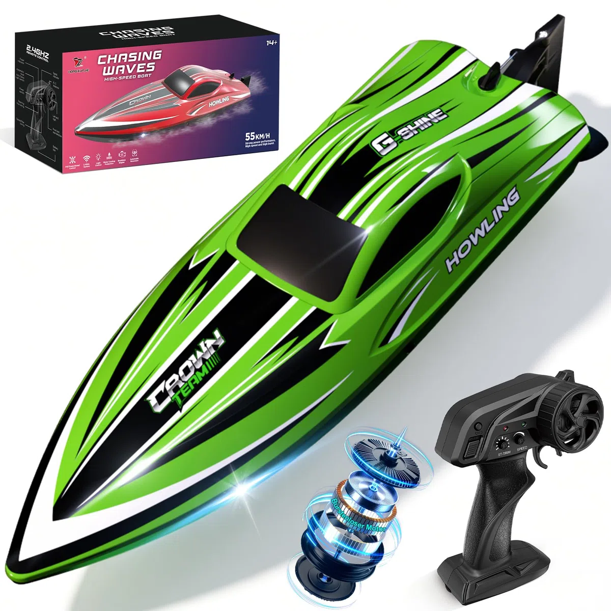 Ferngesteuertes Boot, 55KM/H RC Boot ferngesteuert mit Bürstenloses | 2,4 GHz speedboot ferngesteuert, Motorboot ferngesteuert kinder ab 6 8 jahre 3S-Batterie, LEDs, Selbstaufrichtung,