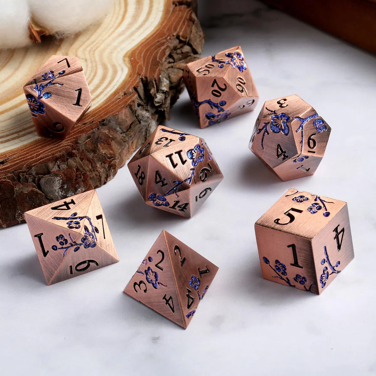Metal Dice, 7 PCS Heavy Solid Metallic Flower DND Dice Set with Grogeous Gift Case for D&D Dungeons and Dragon Tabletop Game (Ancient Copper)