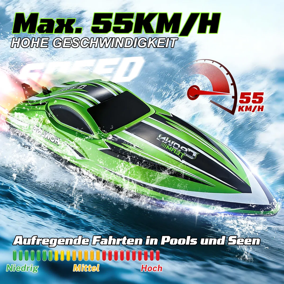 Ferngesteuertes Boot, 55KM/H RC Boot ferngesteuert mit Bürstenloses | 2,4 GHz speedboot ferngesteuert, Motorboot ferngesteuert kinder ab 6 8 jahre 3S-Batterie, LEDs, Selbstaufrichtung,