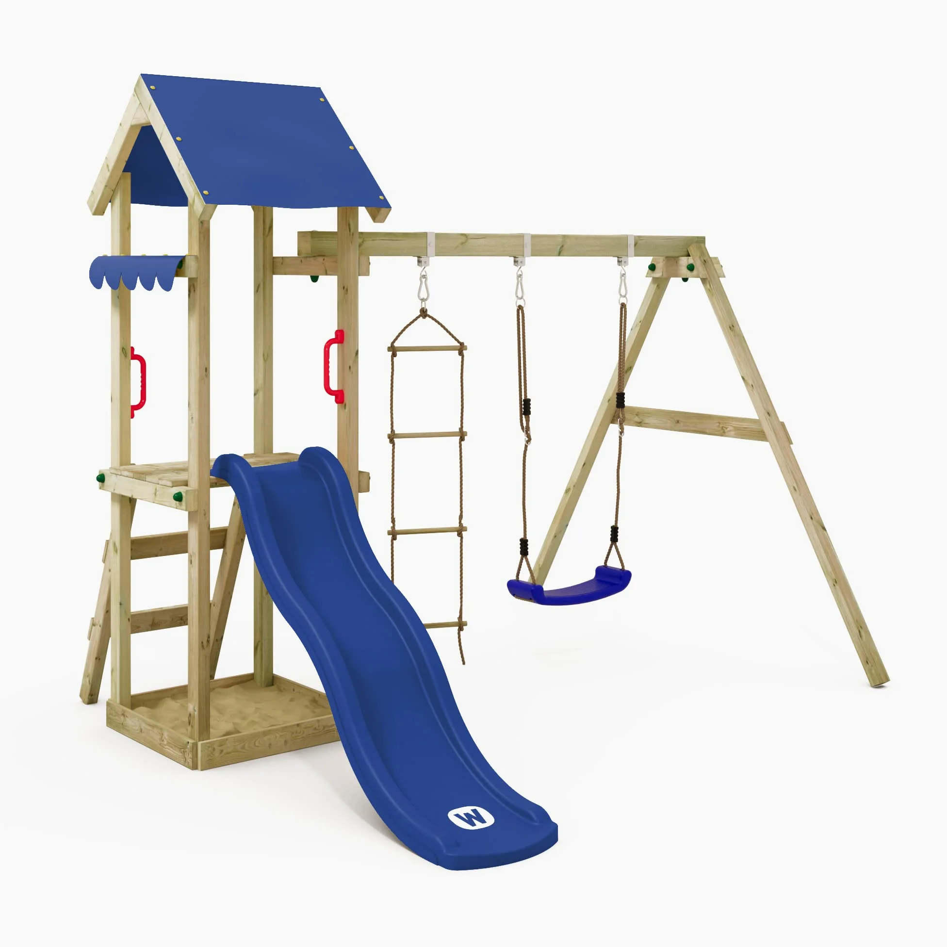 WICKEY Spielturm Klettergerüst TinyCabin mit Schaukel & Blauer Rutsche, Outdoor Kinder Kletterturm mit Sandkasten, Leiter & Spiel-Zubehör für den Garten
