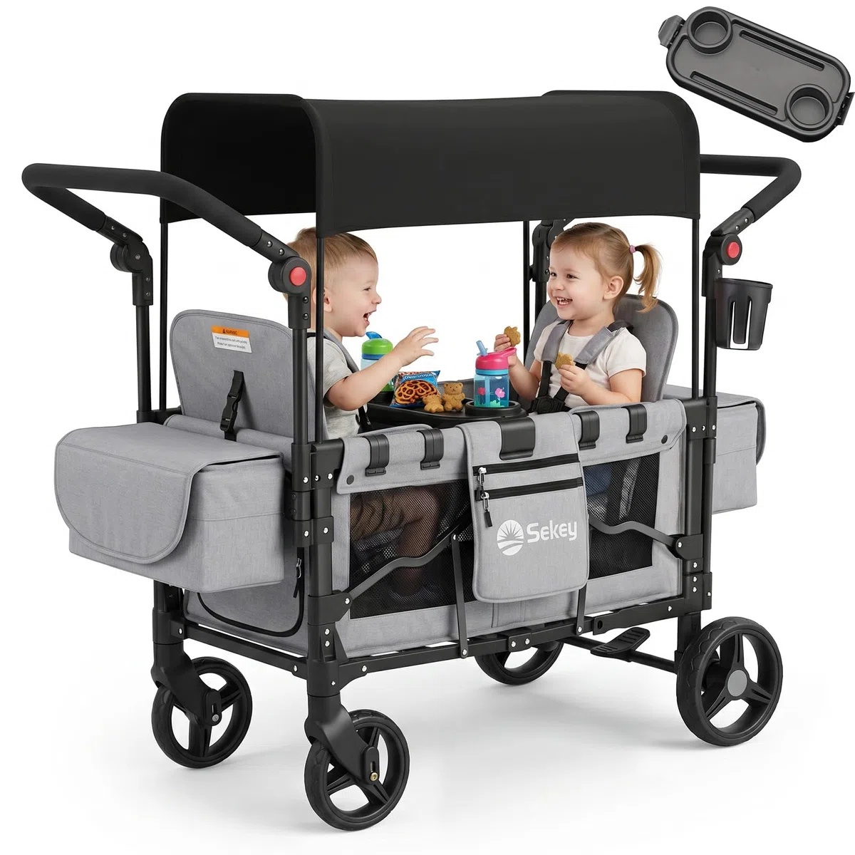 Sekey Bollerwagen Kinder Zwillingsmodus, Bollerwagen Faltbar mit Dach 2 Kinder, Duo Schiebegriff Kinderwagen Doppelsitz mit 2 integrierten 5-Punkt-Gurtsystem, Zwillingskinderwagen Luxer 6060, Grau