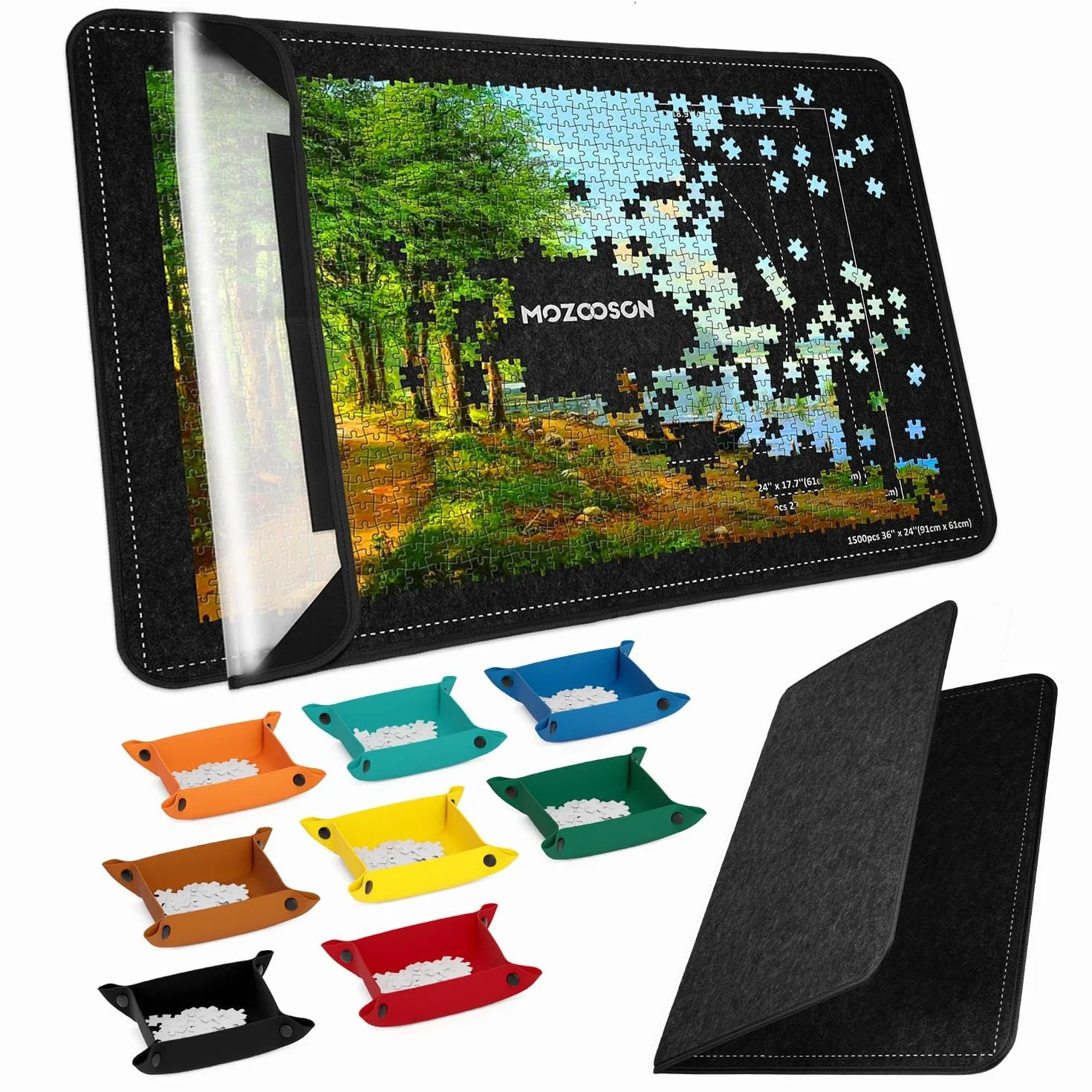 MOZOOSON Faltbares Puzzlebrett, Puzzlematte 2000 Teile mit Abdeckung, Puzzle-Aufbewahrung 41.3x31.5in Jigsaw Puzzle Zubehör für Verschieben und Speichern (8 Sorting Trays & 1 Cover), Schwarz-1