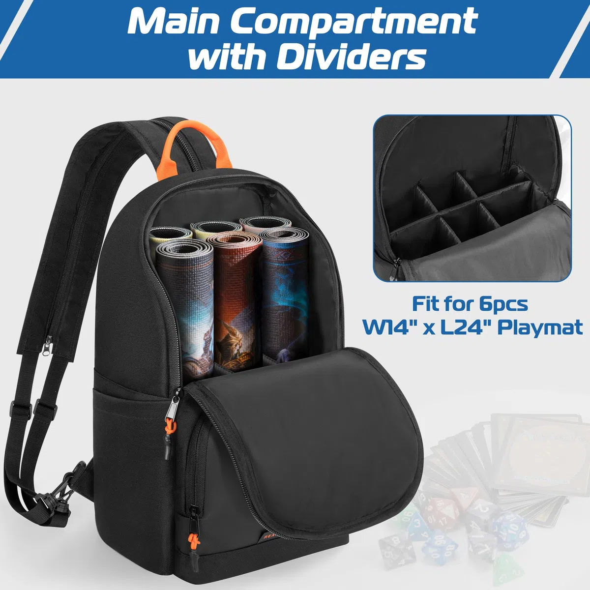 Rexmica Tragbarer Rucksack mit Röhrenfach für 6 Spielmatten (B 35,6 x L 61 cm), Organizer-Tasche für Spielmatten-Röhren mit Schultergurt und 2 Fronttaschen für Karten oder Würfel, Schwarz (Nur Tasche)