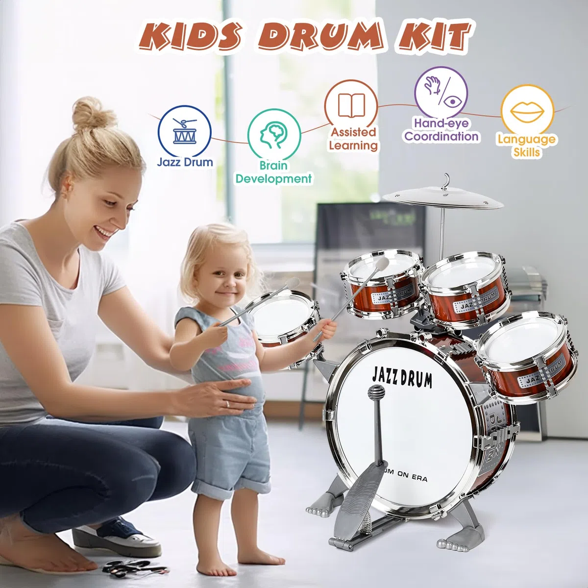 Schlagzeug für Kinder, 5 Trommeln mit Hocker, Musikinstrument für frühkindliche Bildung, passend für Kinder ab 3 Jahren, Drumset für Jungen & Mädchen