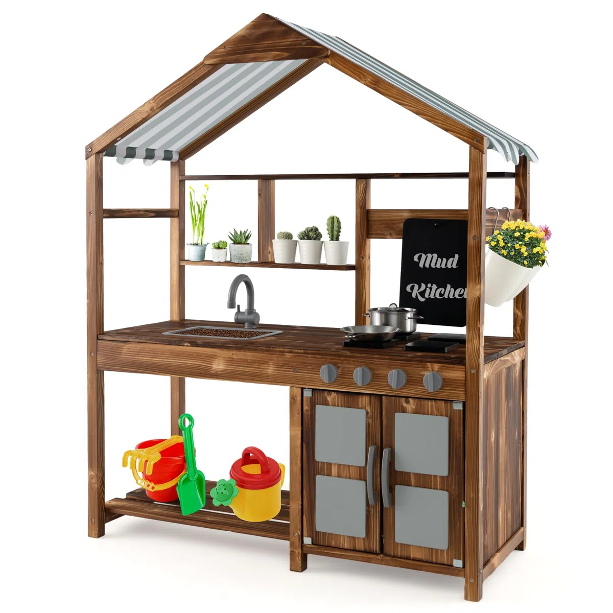 COSTWAY Matschküche Kinder Outdoor, Kinderküche Massivholz mit Vordach & Wasserhahn & Spülbecken & Tafel & Blumentöpfen, Gartenküche inkl. Zubehör, Spielküche Outdoor Küche für Kinder ab 3 Jahren