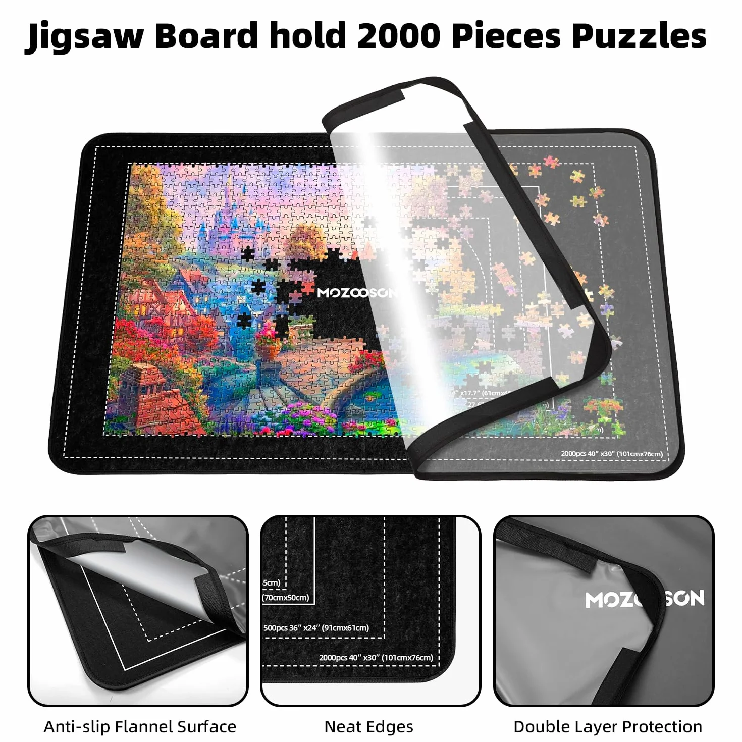 MOZOOSON Faltbares Puzzlebrett, Puzzlematte 2000 Teile mit Abdeckung, Puzzle-Aufbewahrung 41.3x31.5in Jigsaw Puzzle Zubehör für Verschieben und Speichern (8 Sorting Trays & 1 Cover), Schwarz-1