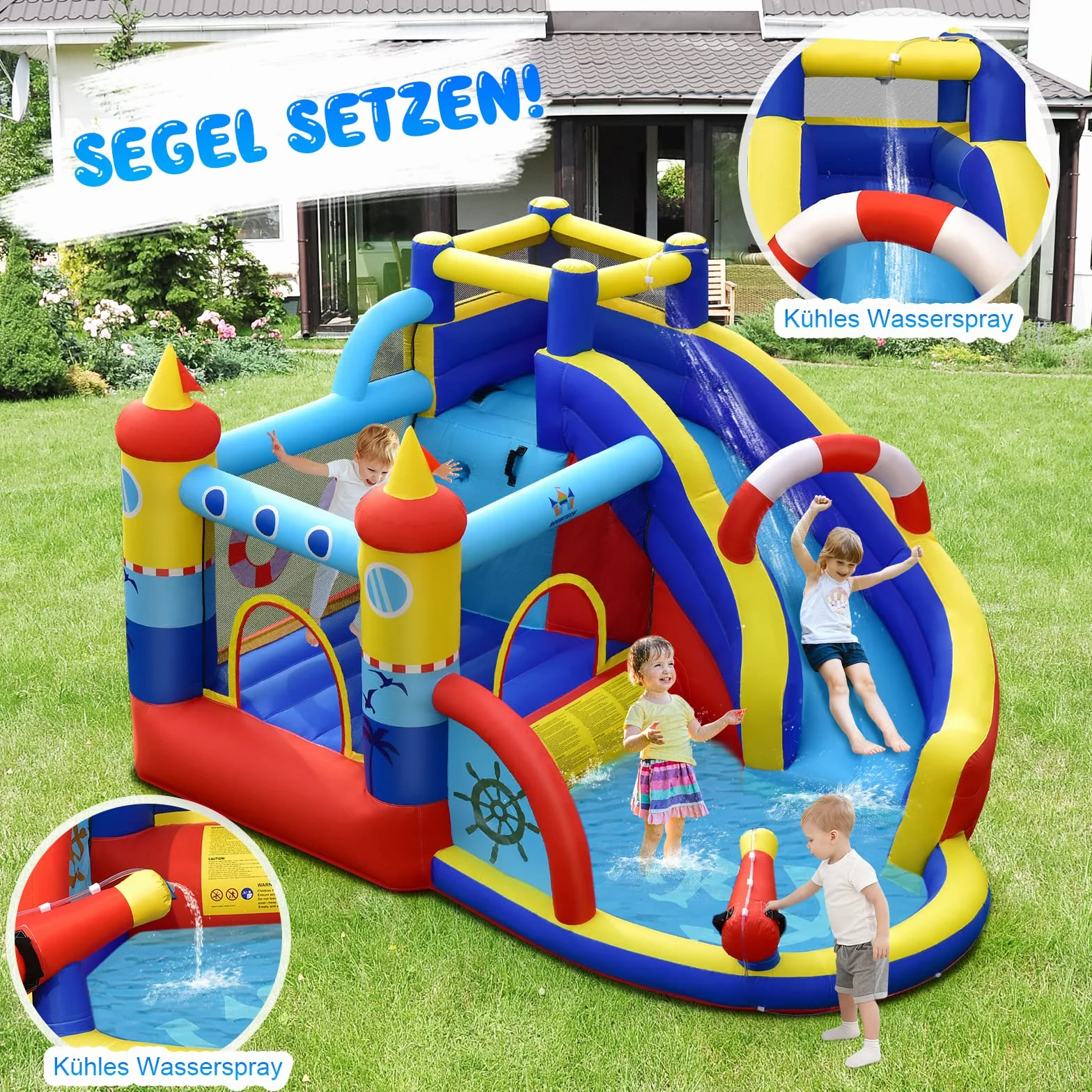 COSTWAY Aufblasbare Hüpfburg mit 550W Gebläse, 6-in-1 Wasserpark mit Rutsche, Planschbecken & Wasserkanone, Outdoor Bouncer Hüpfschloss Springburg für Kinder, Garten, 360 x 290 x 200 cm