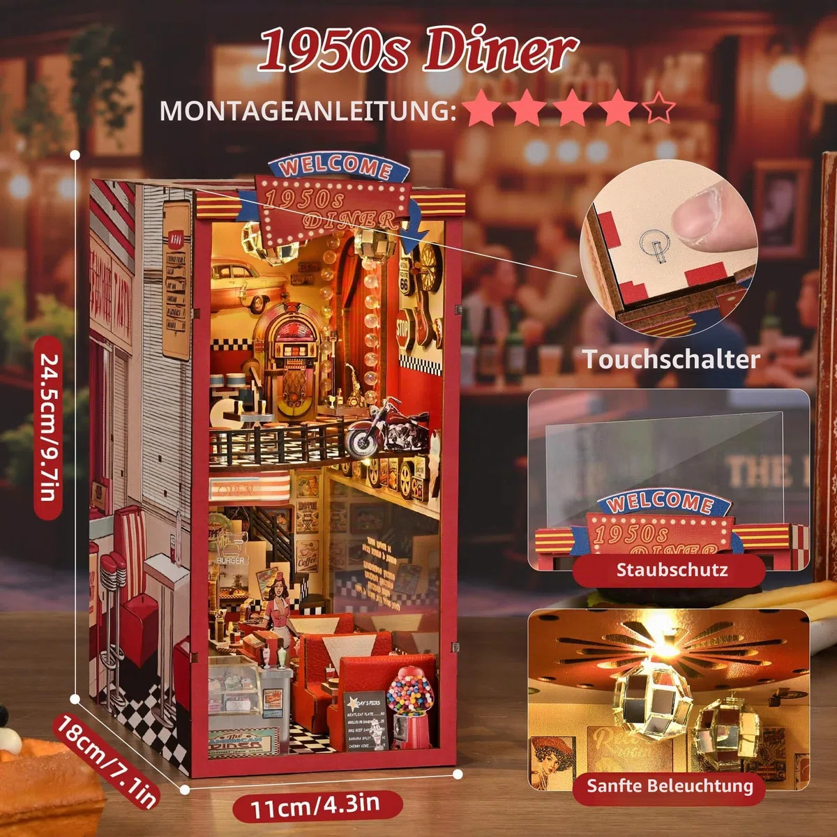 fifijoy Book Nook Kit - DIY Miniaturhaus Puppenhaus Kit für Erwachsene und Jugendliche, Booknook Retro Diner Bücherregal Dekor 3D Holzpuzzle mit LED-Licht, Geschenke für Familie und Freunde (1950er