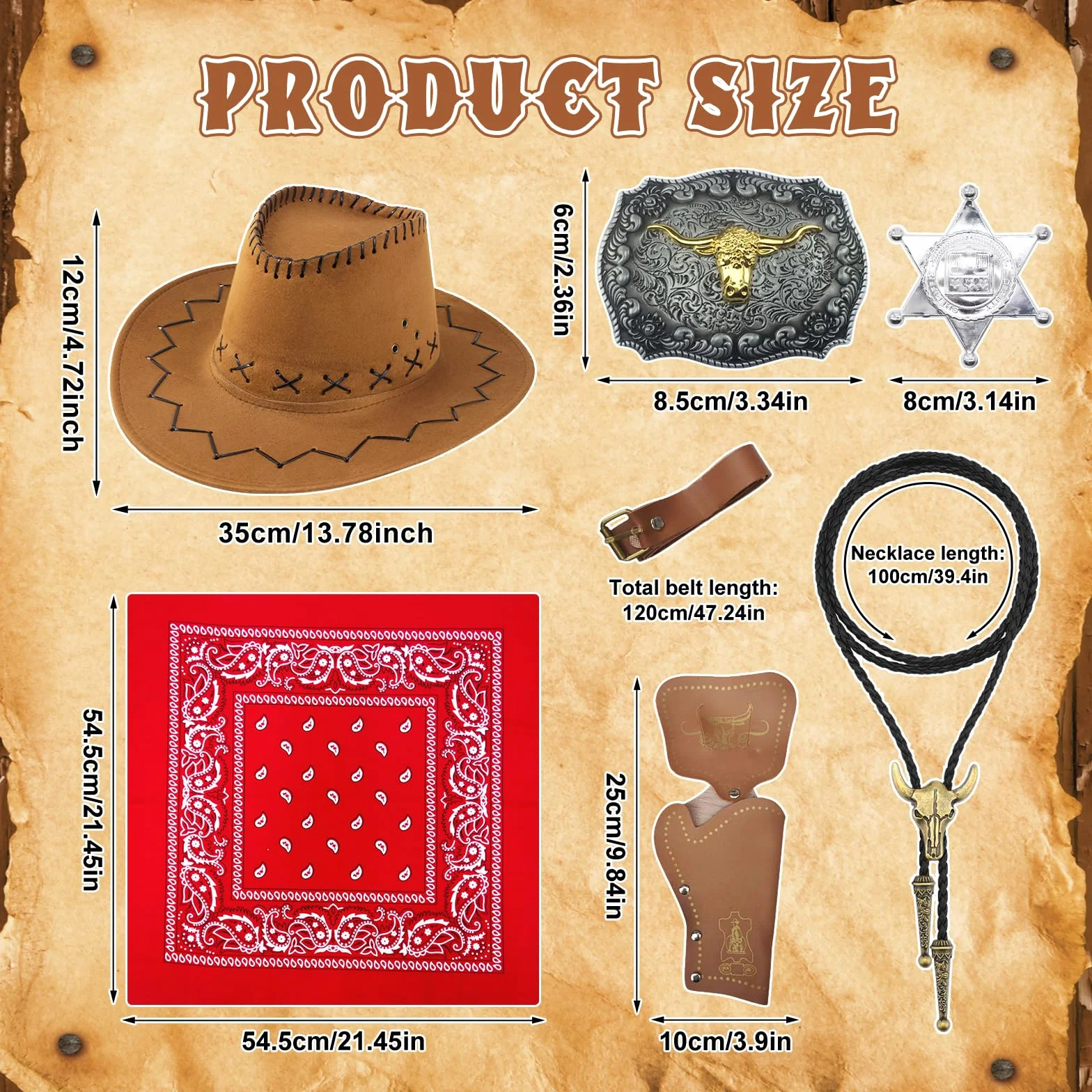 9 Stück Cowboy Kostüm Zubehör Set für Herren, Western Cowboy Cosplay Kleidung Kit mit Hut Quastenweste Bandana Holster Gürtel Boloschnalle Krawatte Halskette Sheriff Abzeichen für Karneval Fancing