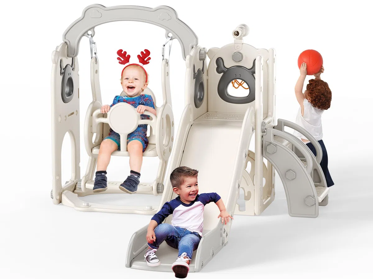 Schaukel Rutsche,6-in-1-Rutsche und Schaukel für Kleinkinder mit Basketballkorb,Klettergerüst,Teleskop,Aufbewahrung,stabile und langlebige große Rutschenschaukel für Kleinkinder(Beige/Grau)