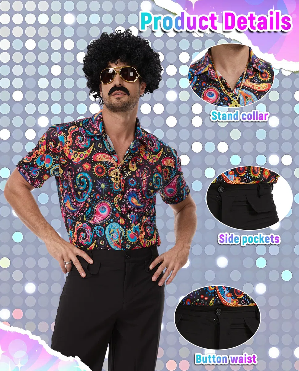 70er Jahre Disco Kostüm Set Herren - Komplettes 70s Outfit mit Pailletten Hemd, Schlaghose, Afro Perücke, Sonnenbrille, Dollar Kette & Zubehör für Karneval Halloween Mottoparty