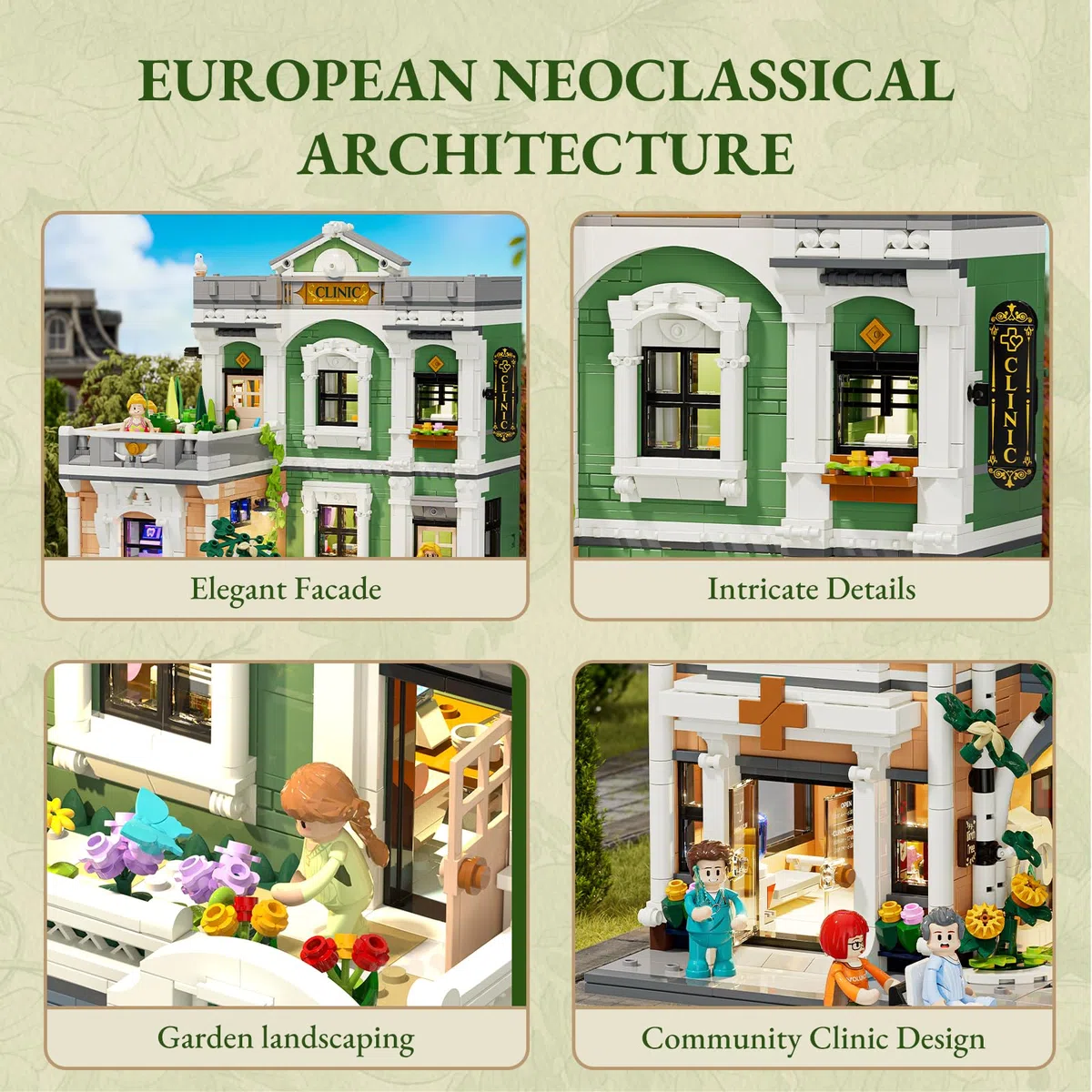 Lumibricks Greenway Clinic Beleuchtetes Baukasten-Set, 2985 Teile modulares Stadtstraßen-Medizinzentrum Architektur-Modellbausatz, geschenkfertiges Sammler-Architektur-Set für Erwachsene