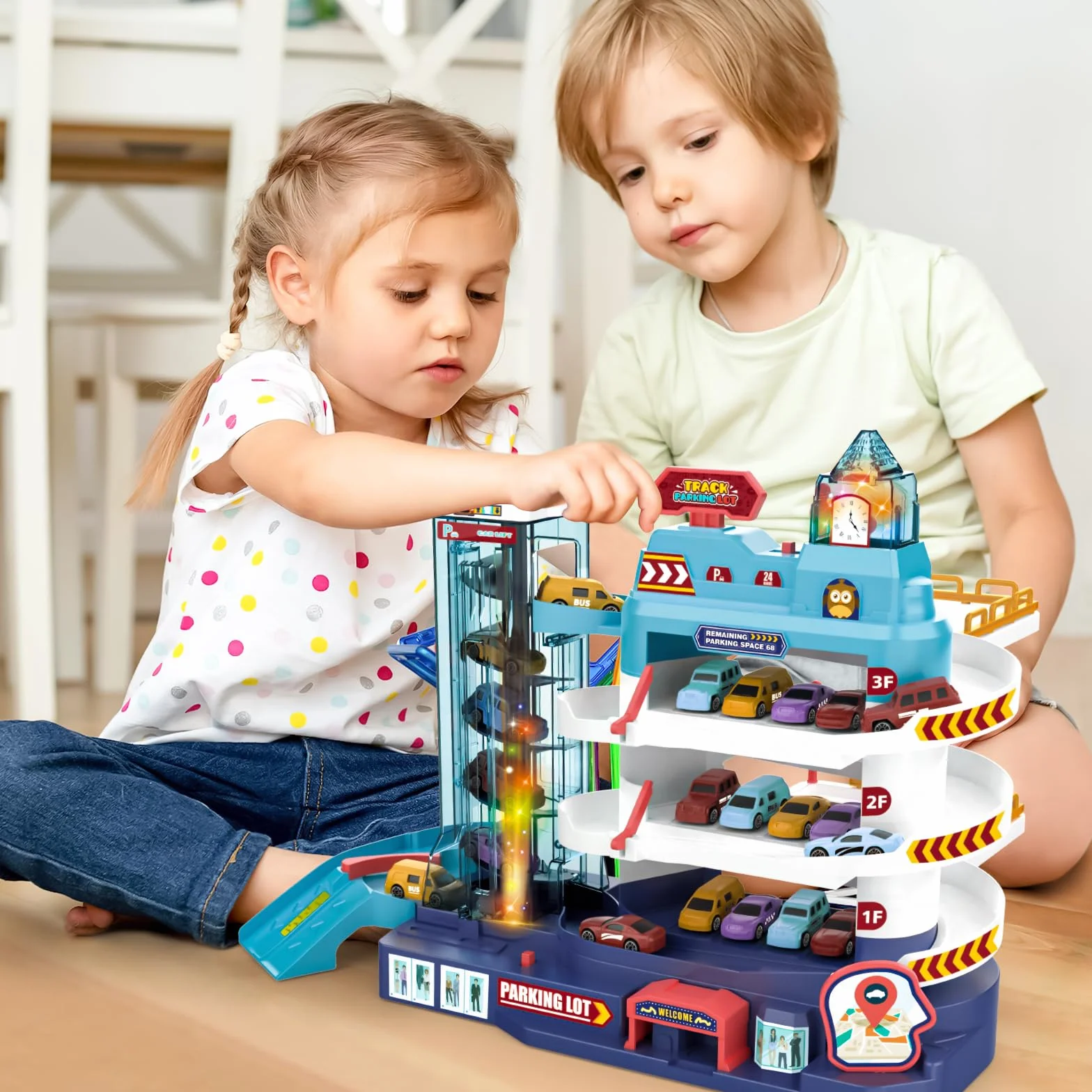 deAO 2 IN 1 Auto Garagen Spielset mit Musik und Lichteffekten für Kinder - tolles Geschenk für Autoliebhaber (15 STK)