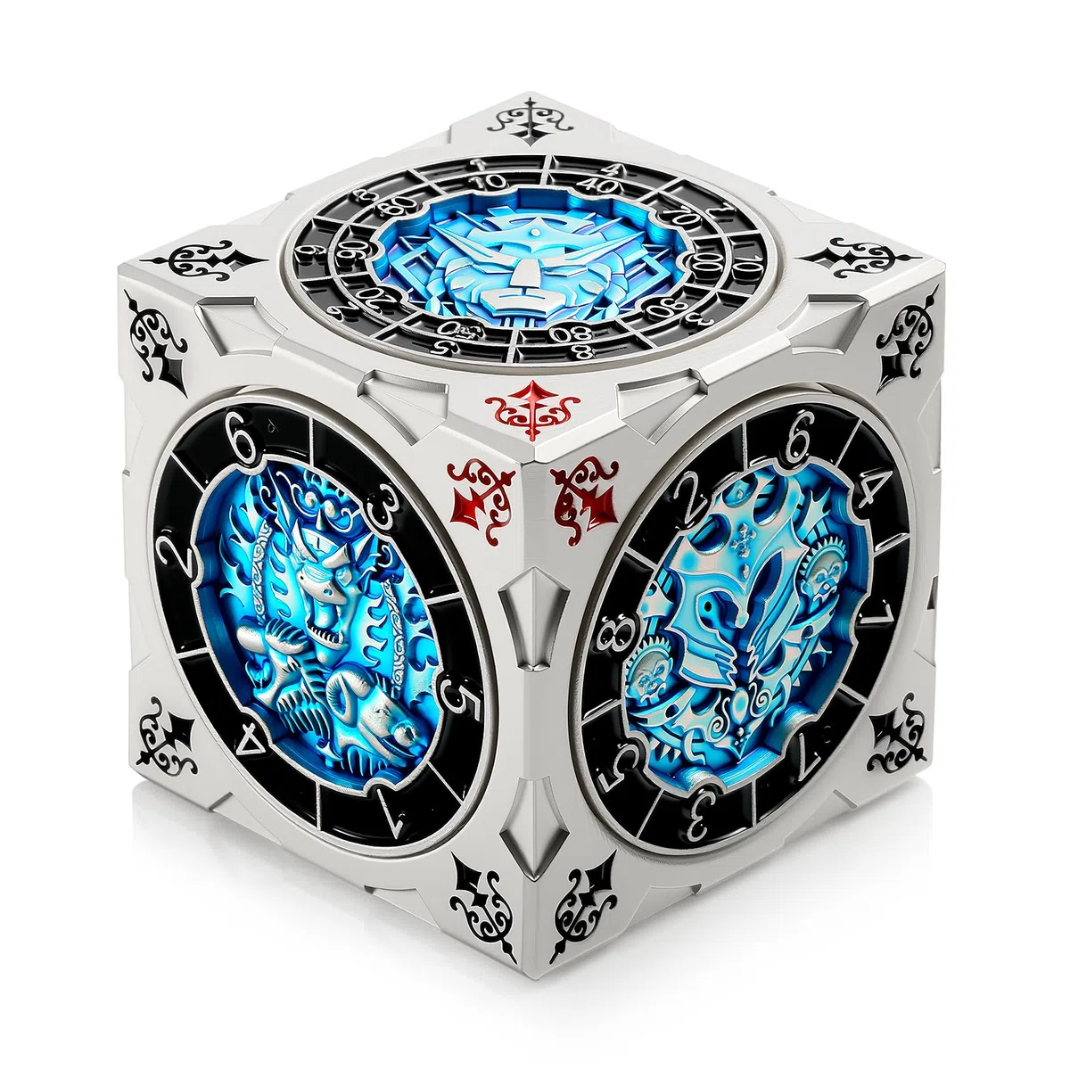 DNDND 7-in-1 Spinner Würfel mit Geschenkbox - Goristro und Couatl Themed D&D Collector's Set für TTRPG, für Dungeon Masters und Spieler (Silber & Blau)