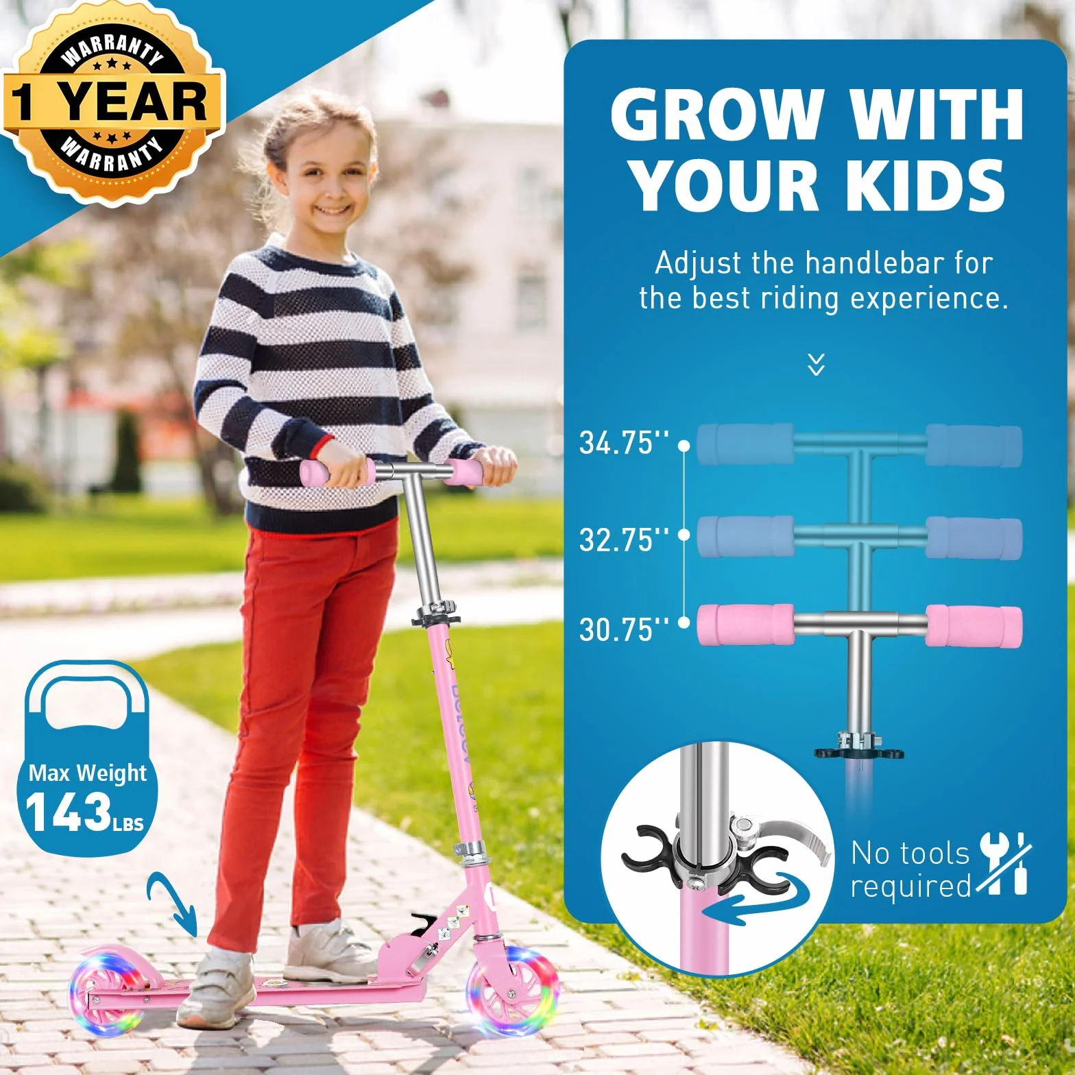 BELEEV V1 Roller Kinder 2 Räder, Klappbar Kinderroller für Mädchen Jungen, Tretroller mit LED Leuchtende Räder, 3 Höhenverstellbare, Ständer, Scooter for Kinder ab 3-12 Jahre