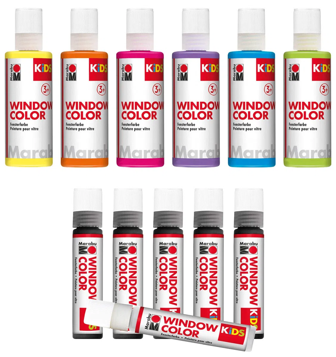 Marabu 0306000000101 - KiDS Window Color Party Set mit 6x 80 ml und 6x 25 ml Farbe, 10 Malfolien und 4 Malvorlagen, Fenstermalfarbe auf Wasserbasis, für glatte Oberflächen, Partyspaß für Kinder