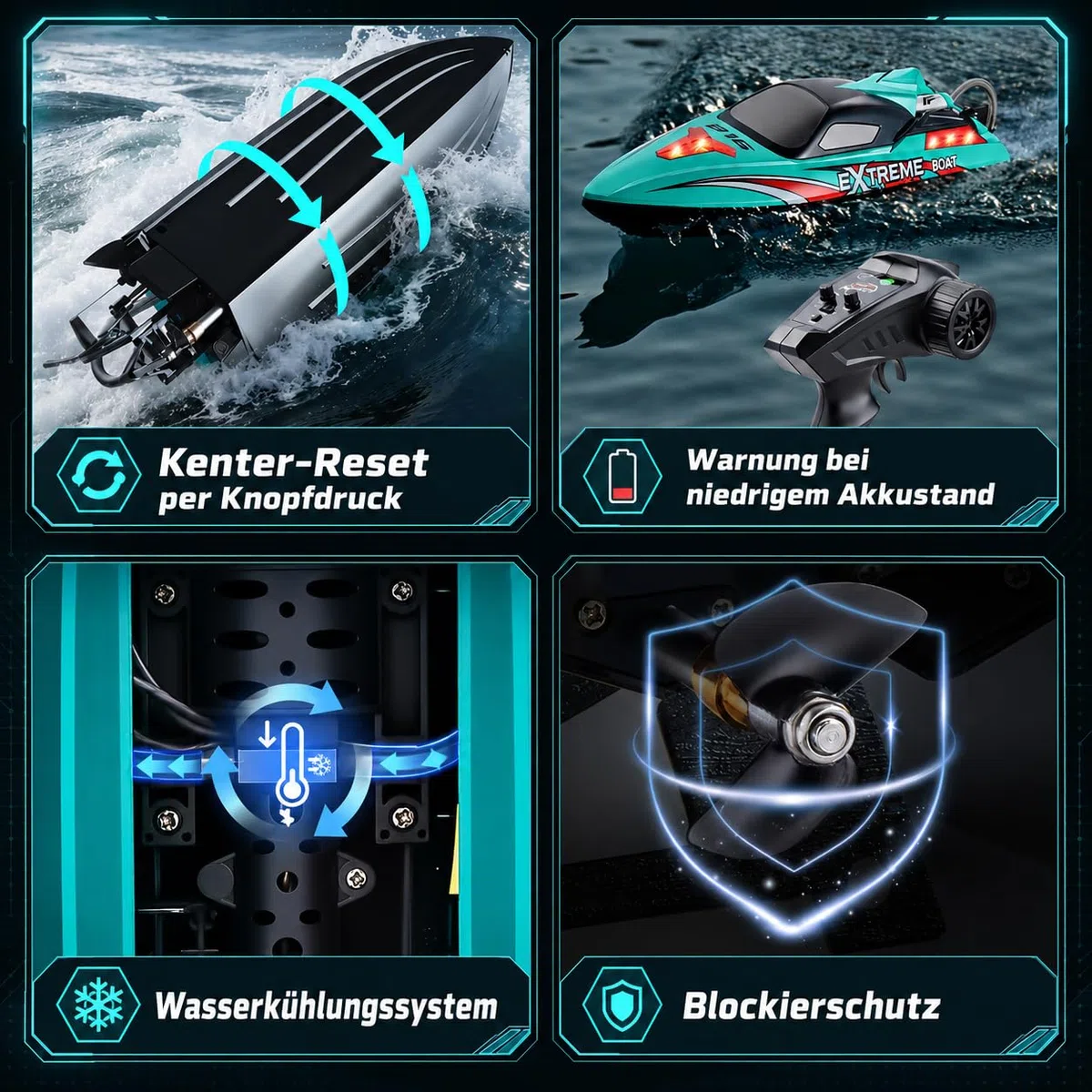 Ferngesteuertes Boot 55 km/h, RC Boot mit Bürstenlosem Motor & LED, Doppelt wasserdicht, Selbstaufrichtung & Reichweitenalarm, Motorboot für Erwachsene, für Pools und Seen