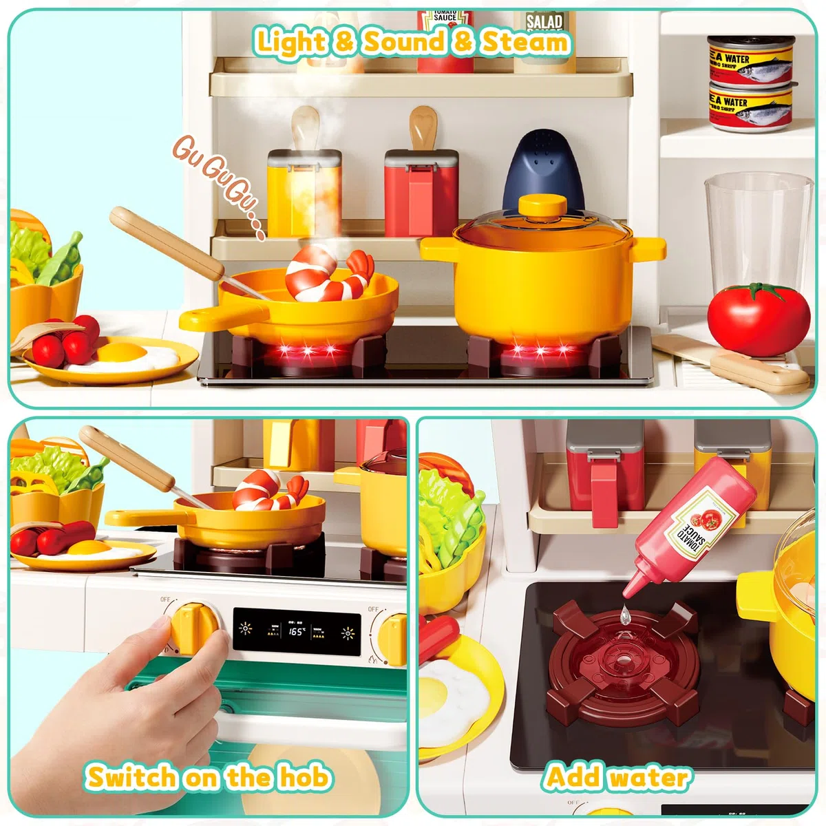 deAO Kinderküche 69 PCS Spielküche mit Licht, Kochsound & Flammeneffekt, Wasserfunktion mit Sprühnebel & Wasserhahn, Herd & Backofen- Geschenk für Kinder ab 3+ Jahre (Grün)