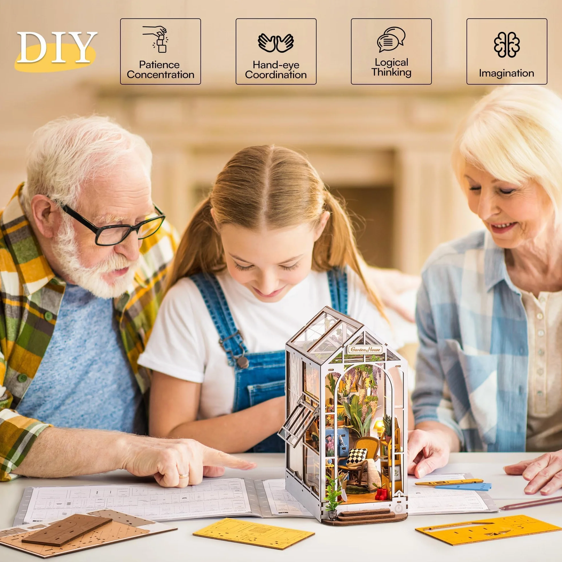 ROBOTIME DIY Book Nook Kit Gartenhaus mit Möbeln und LED Lampe, 3D Puzzle Booknook Miniatur Haus Modellbausatz, Diorama Modelbau für Erwachsene, Bücherregal Deko