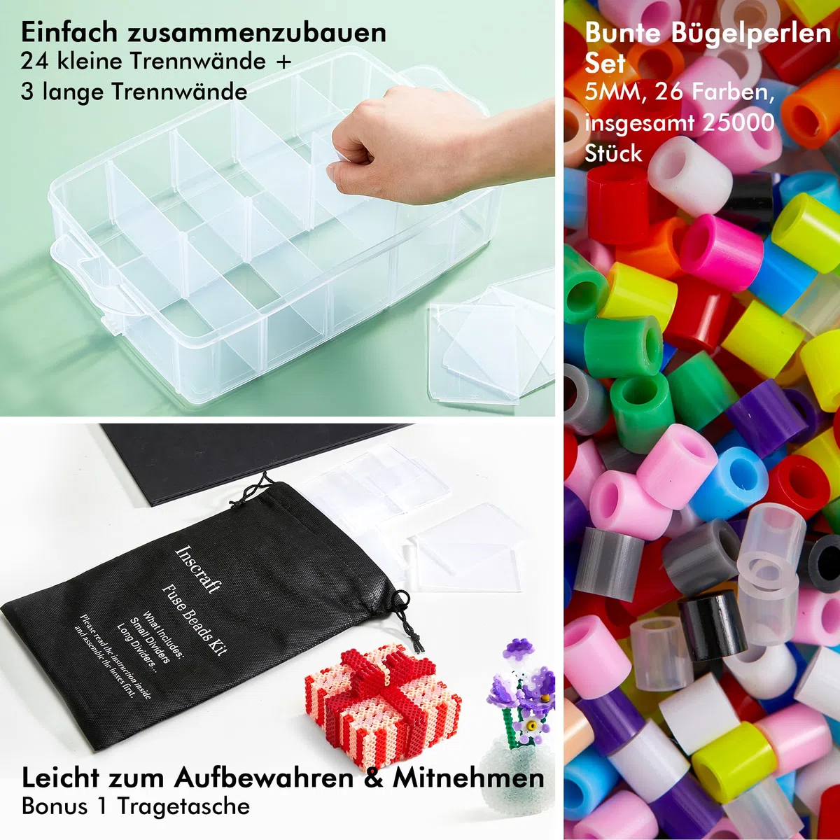 INSCRAFT Bügelperlen Set, 25000 teilige große Bügelperlen 5mm, 26 Farben Bügel perlen xl, Bügel-perlen groß mit 10 Bügelpapier, 127 perlen Vorlagen & 4 Bügelperlen Platten, Steckperlen ab 3 jahre