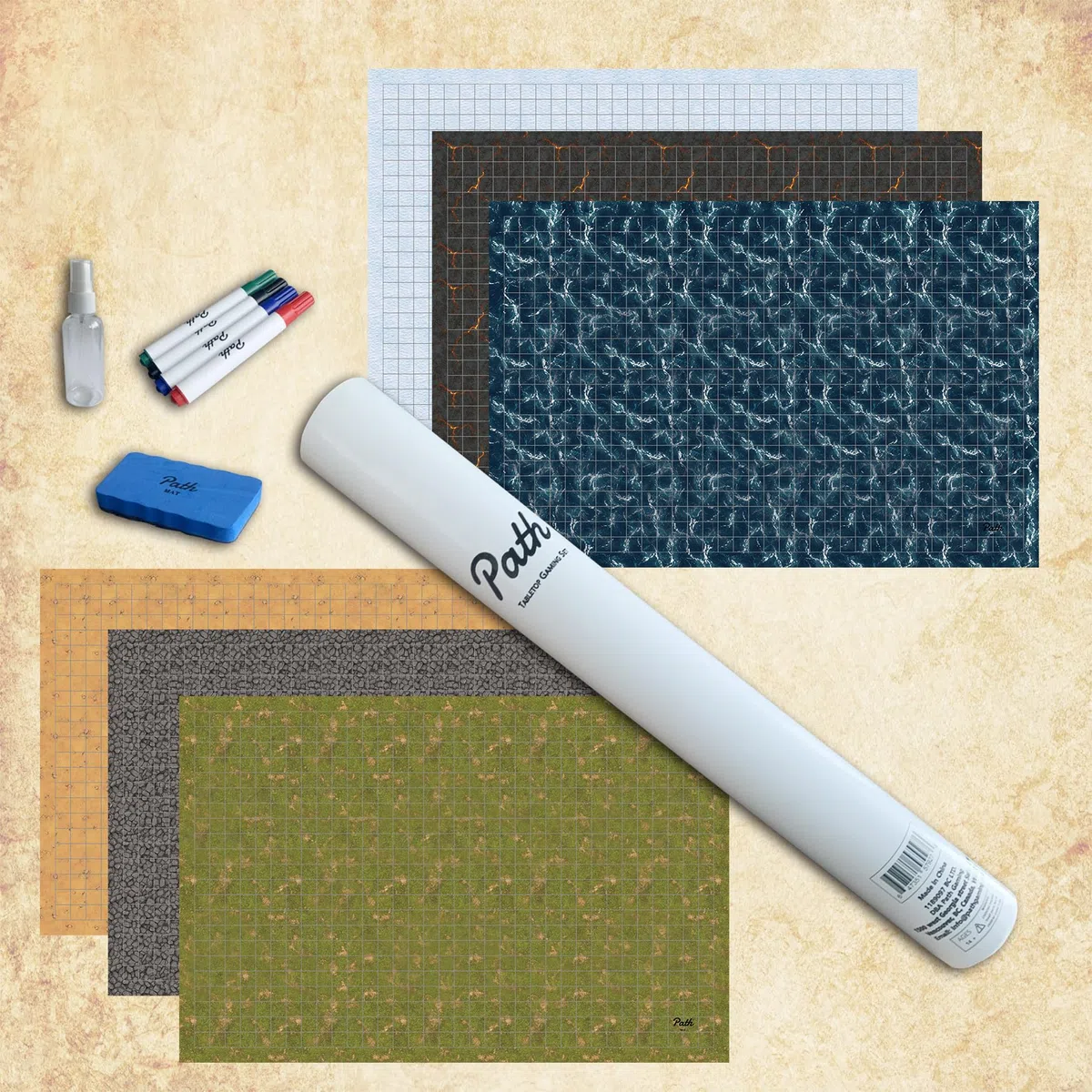 Path Gaming Battle Grid Spielmatte, doppelseitig, 91,4 x 61 cm, 3 Matten, 6 Gelände, 4 Marker, 1 Radiergummi und 1 Sprühflasche. Ideal für Dungeons and Dragons/DND