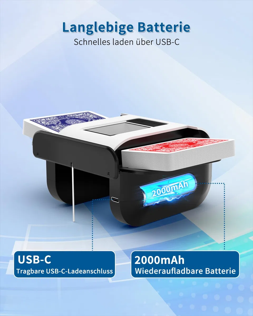Kartenmischmaschine, Automatischer Kartenmischer für 1–2 Decks, Elektrische Mischmaschine Karten mit 2000mAh Wiederaufladbarer, Geräuscharm kartenmischgerät für UNO Skip Bo Kartenspiel Poker Phase10