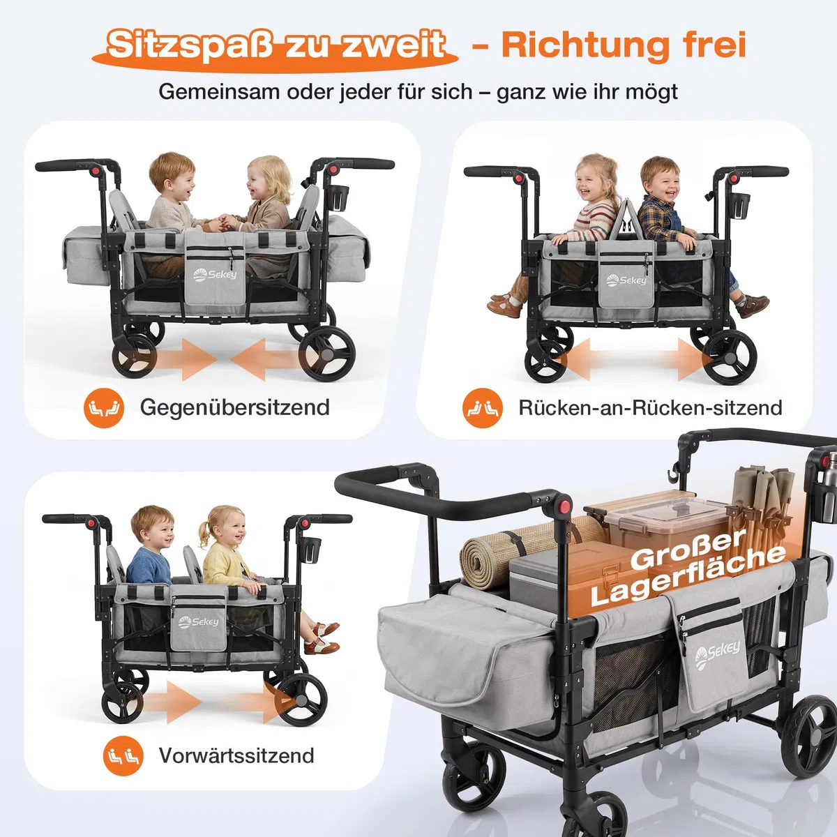 Sekey Bollerwagen Kinder Zwillingsmodus, Bollerwagen Faltbar mit Dach 2 Kinder, Duo Schiebegriff Kinderwagen Doppelsitz mit 2 integrierten 5-Punkt-Gurtsystem, Zwillingskinderwagen Luxer 6060, Grau