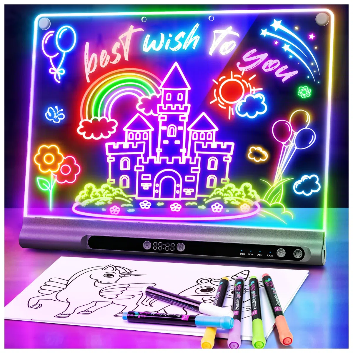 Geokay LED Zeichenbrett für Kinder, Wiederaufladbare LED Maltafel 41 cm, 9 Lichtmodi mit Timer & Ständer, LED Zeichentafel für Mädchen & Jungen, 6 Stifte & Vorlagenbuch, Schwarz
