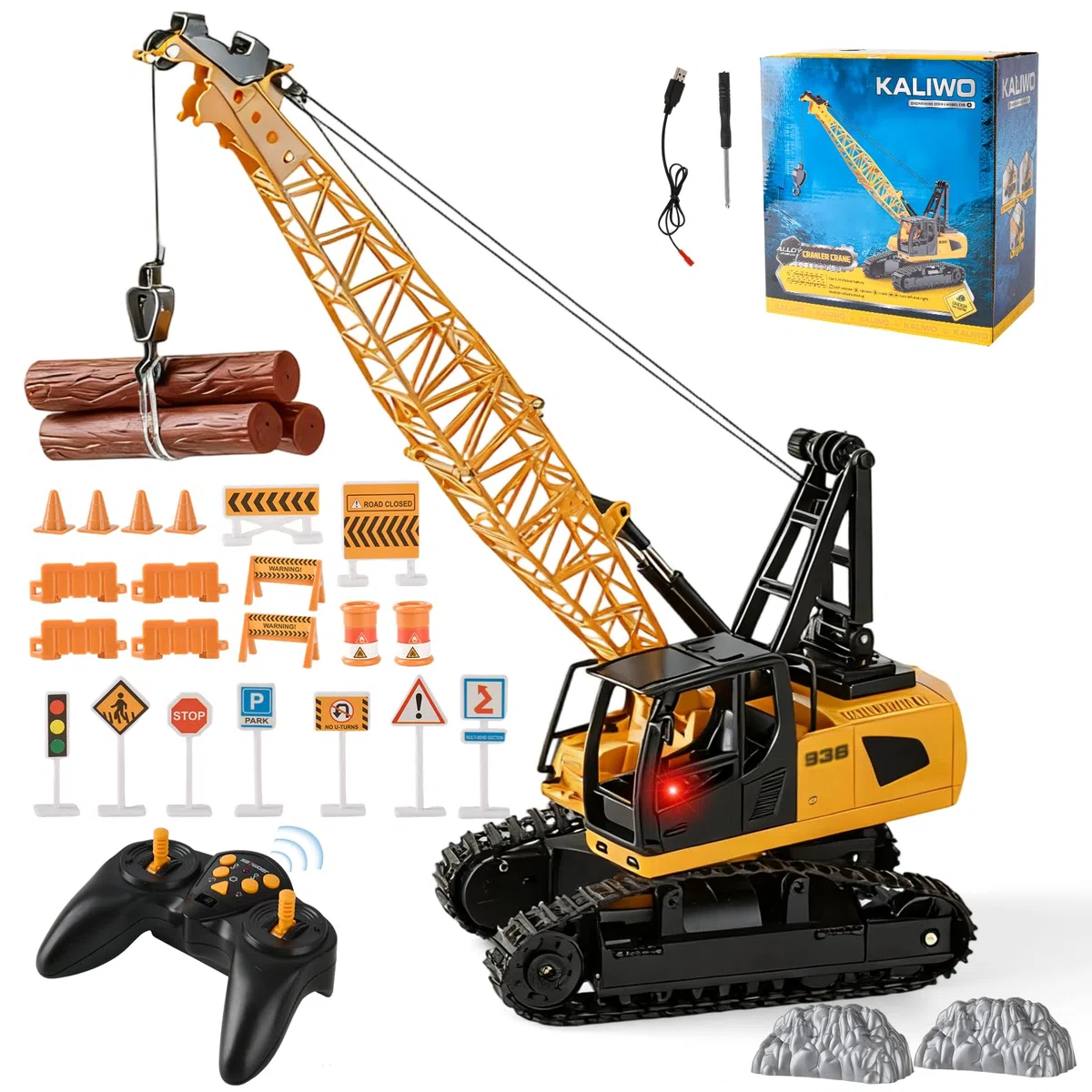 Kran Spielzeug, 2.4Ghz RC Kranfahrzeug, Ausfahrbarem Kran, Baustellen Fahrzeuge Set mit Lichtern,Geräuschen, KranFerngesteuerter Spielzeugkran, Kinder Baustellenfahrzeuge für 3 4 5 6 7 Jahre