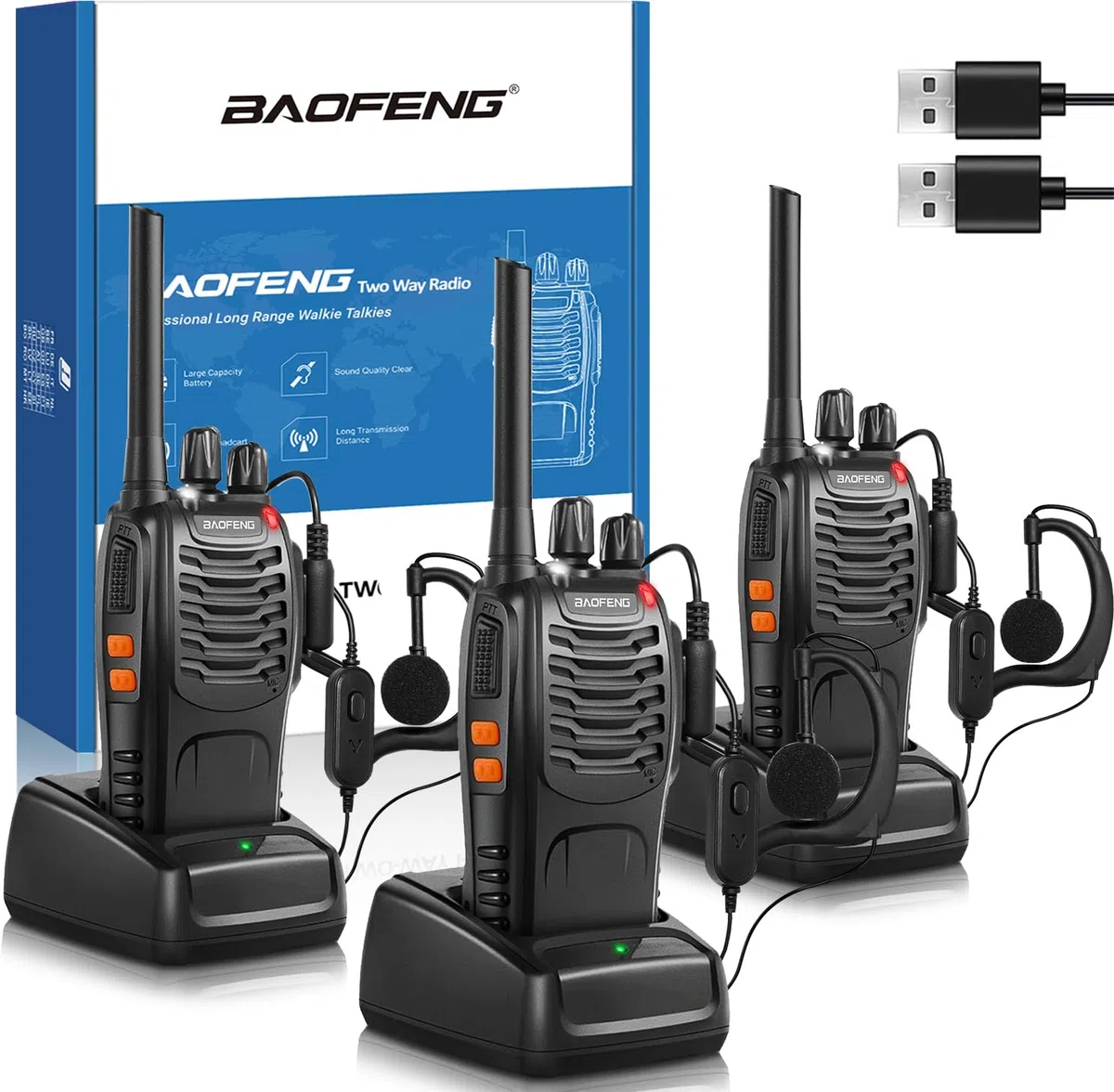 Professionelle Walkie-Talkies für Erwachsene mit großer Reichweite, wiederaufladbaren Batterien, 16-Kanal-Funkgerät, USB-Ladegerät und Handgerät mit VOX (schwarz, 3 Stück)