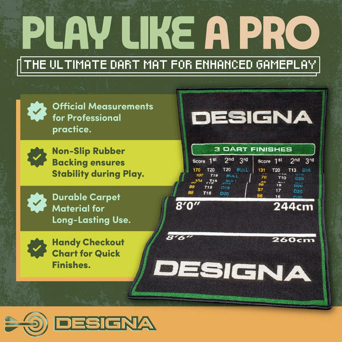 Designa Darts Mat Checkouts Heavy Duty Carpet Non Slip Back Mats Slim or Wide