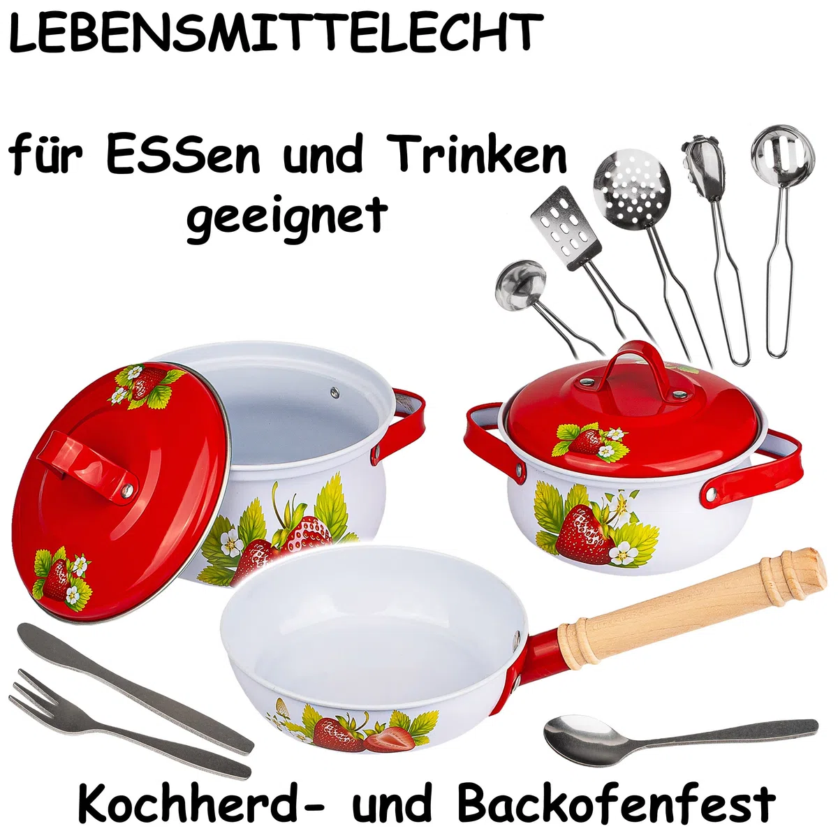 alles-meine.de GmbH 24 TLG. Set Kochset & Topfset - Puppengeschirr/Kochtopfset - Erdbeere - aus Metall/Emaille - echte Blech Töpfe/Panne + Küchenhelfer - Kochgeschirr - P..