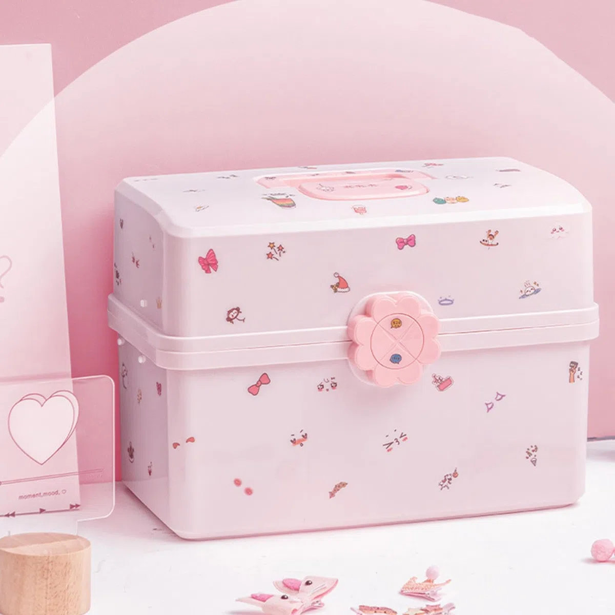 Schmuckkästchen für Mädchen – 3-lagige Haarspange Gummiband-Etui, Geburtstagsgeschenk für kleine Mädchen, Schmuckkästchen mit 6 Aufklebern und 1 Packung Haargummis – Alter 3-15, 29 x 16 x 16
