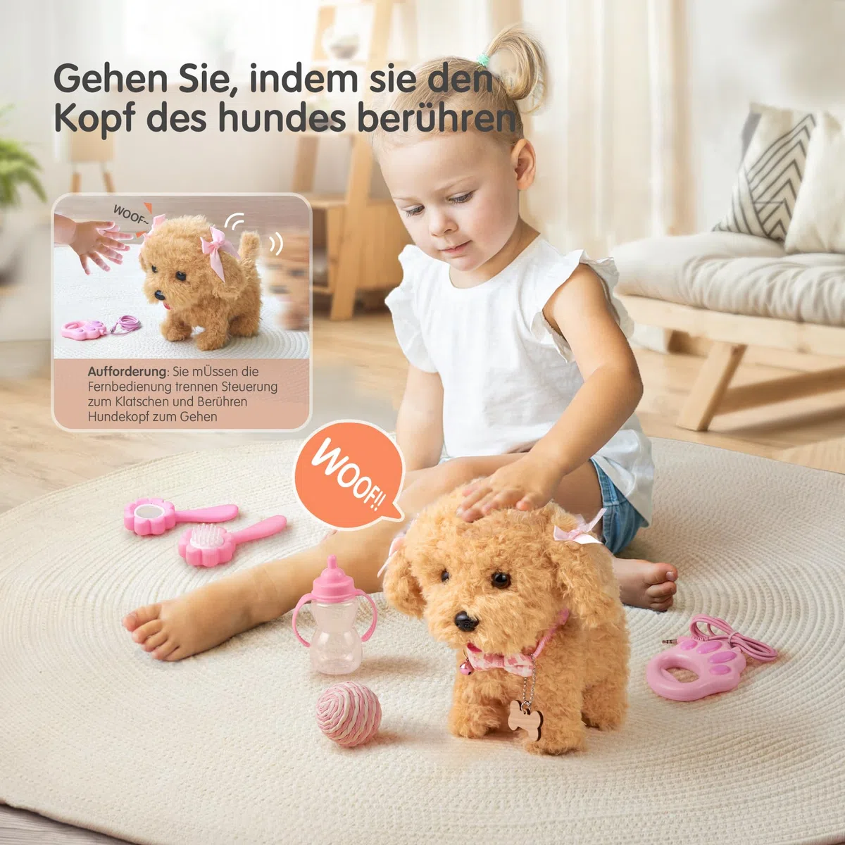 Interaktives Haustier Hund mit Funktion für Kinder,Hund mit Leine der Läuft und Bellt Spielzeug mit Gehen,Bellen,Schwanzwedeln,Elektronisches HaustierHund für Kleinkinder Mädchen Junge