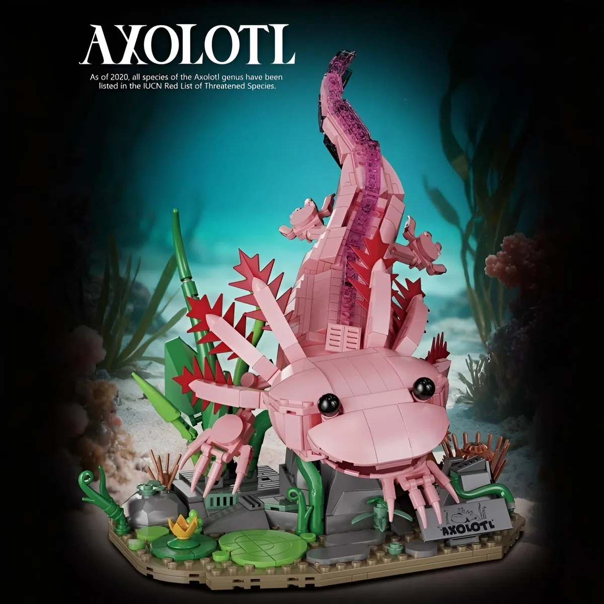 Axolotl Bausteine Bausatz für Erwachsene, 998 Teile Axolotl Klemmbausteine mit Wasserpflanzen-Sockel, Tier-Modell, STEM-Lernspielzeug, Dekoration für das Homeoffice, Geschenk für Naturliebhaber 14+