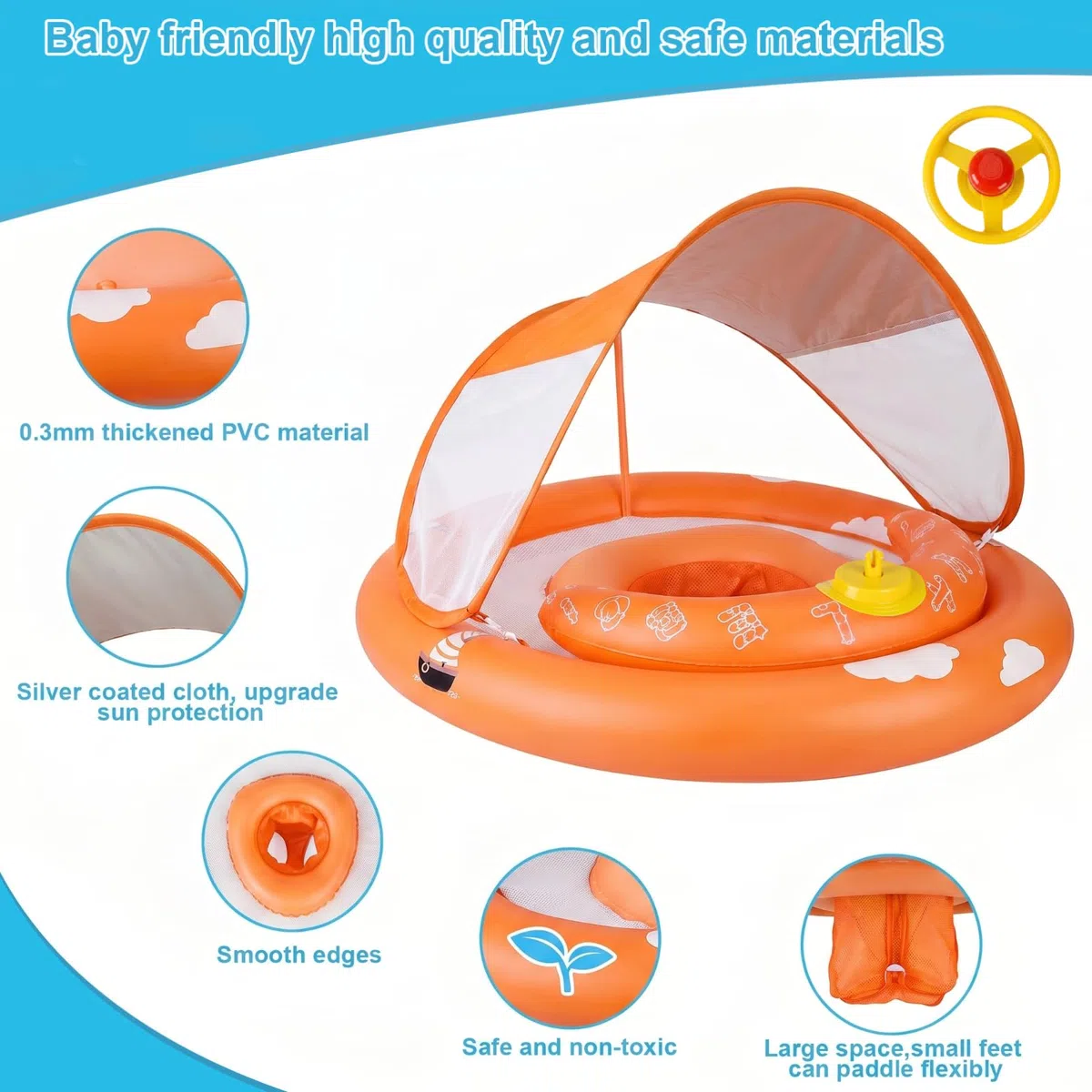 MYCARBON Baby Schwimmring mit verstellbare Schwimmsitz UPF50+ Sonnendach Spielzeug für Kinder Schwimmhilfe Schwimmring Baby in Pool Badewanne Freibad Meer See von 6-30 Monaten