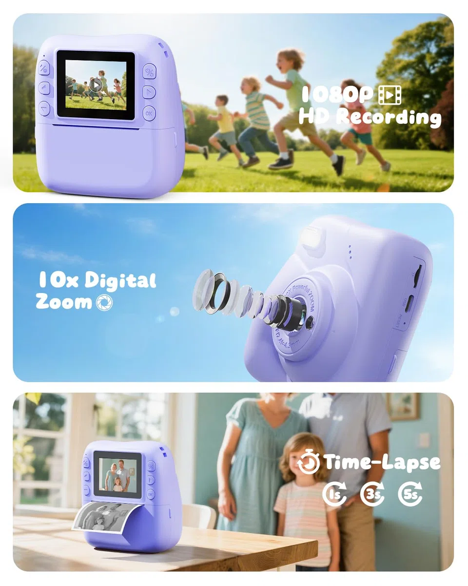 CAMCLID Kinderkamera Sofortbildkamera, 1080P Sofortbildkamera Kinder mit 32GB Karte & 3 Rollen Druckpapier, 48MP Digitalkamera Kinder Kamera, Geschenk für Jungen und Mädchen 3-12 Jahre (Lila)