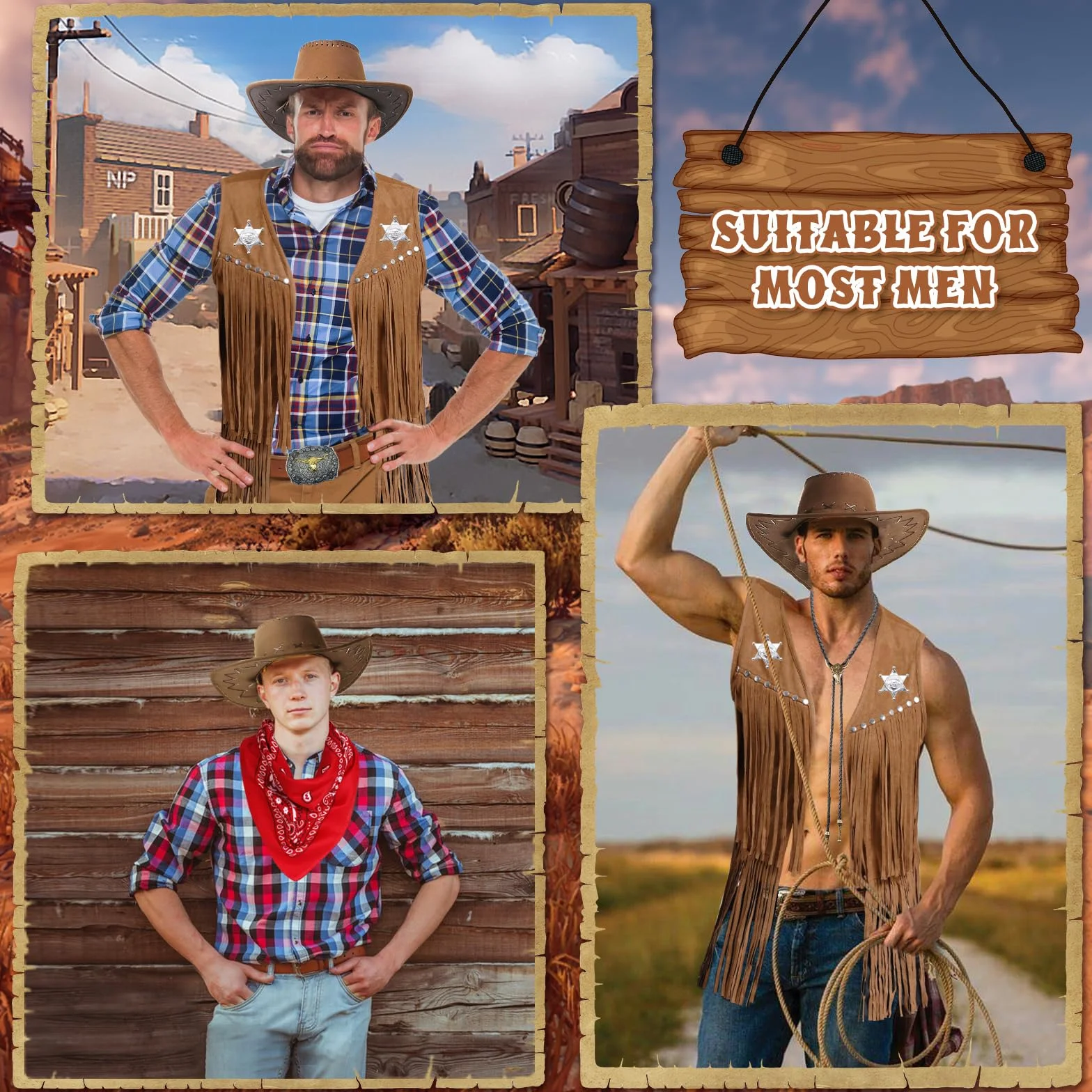 9 Stück Cowboy Kostüm Zubehör Set für Herren, Western Cowboy Cosplay Kleidung Kit mit Hut Quastenweste Bandana Holster Gürtel Boloschnalle Krawatte Halskette Sheriff Abzeichen für Karneval Fancing