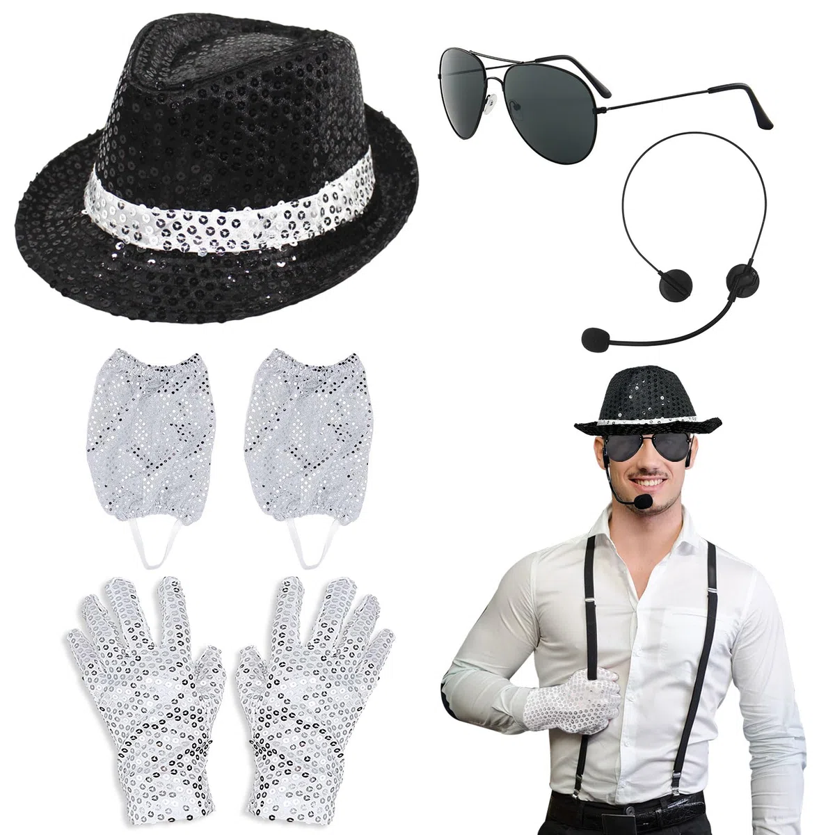 5 Pcs Kostüm Zubehör für Erwachsene Kinder,Pailletten Handschuhe Pailletten Hut Kopf Mikrofon Sonnenbrille Pailletten Socke,80er Jahre Rocker Star Disco Zubehör für Halloween Cosplay