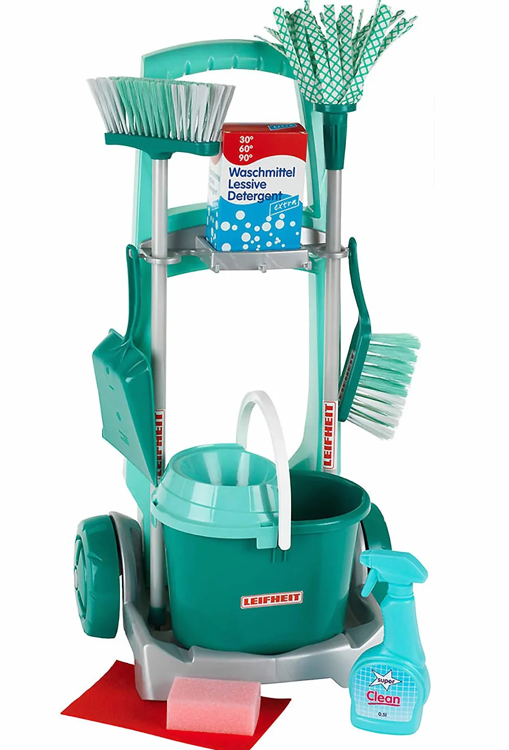 Theo Klein 6562 Leifheit Besenwagen mit robustem Zubehör | Inkl. Wischmop, Eimer, Besen u.v.m. I Maße: 29 cm x 24 cm x 60 cm I Spielzeug für Kinder ab DREI Jahren