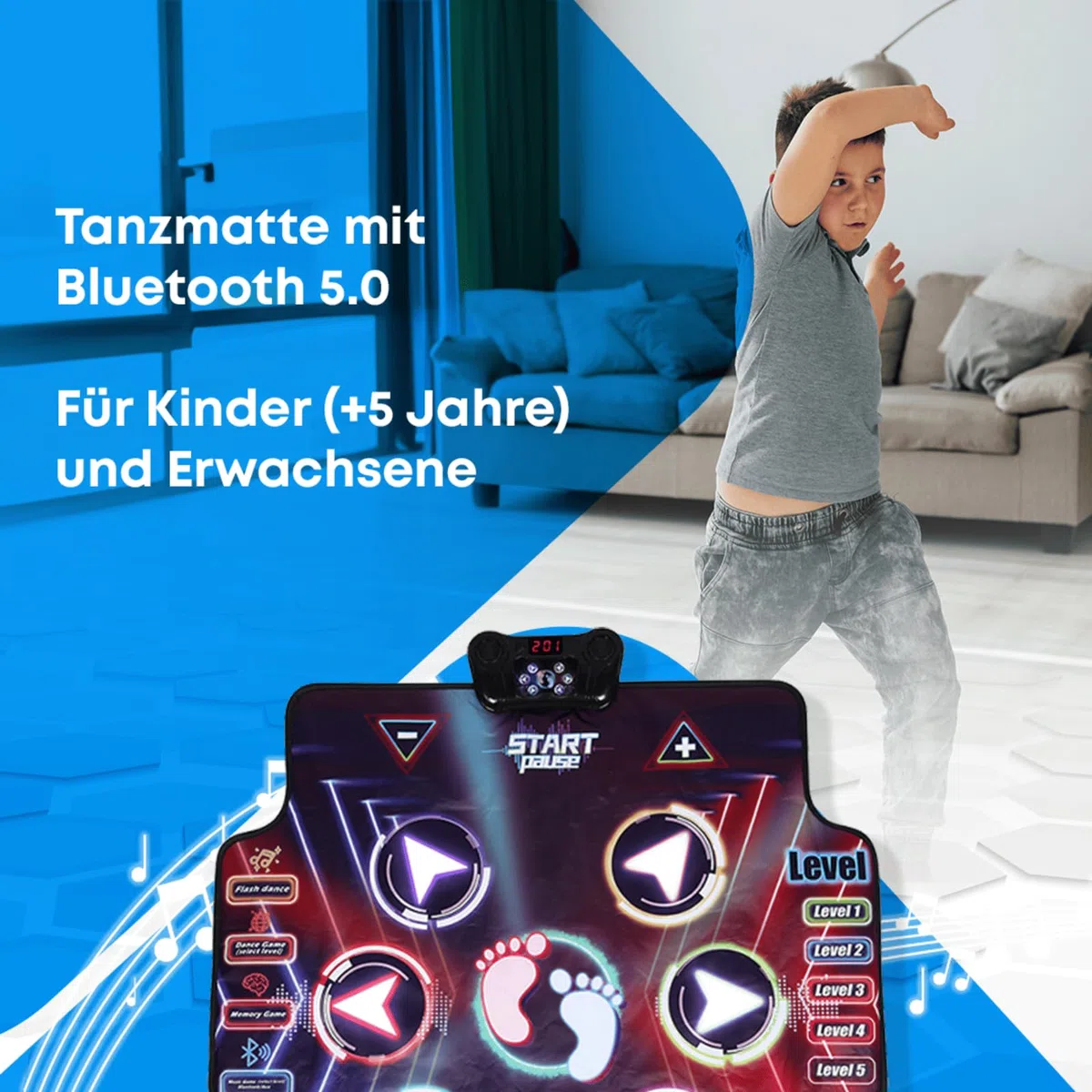 NK Tanzmatte Kinder +5 Jahre und Erwachsene mit Bluetooth 5.0 - Spielzeug musikmatte 7 Spielmodi, Geburtstags, rutschfeste Basis und Lautsprecher Einstellbarer Lautstärke (100x89cm)