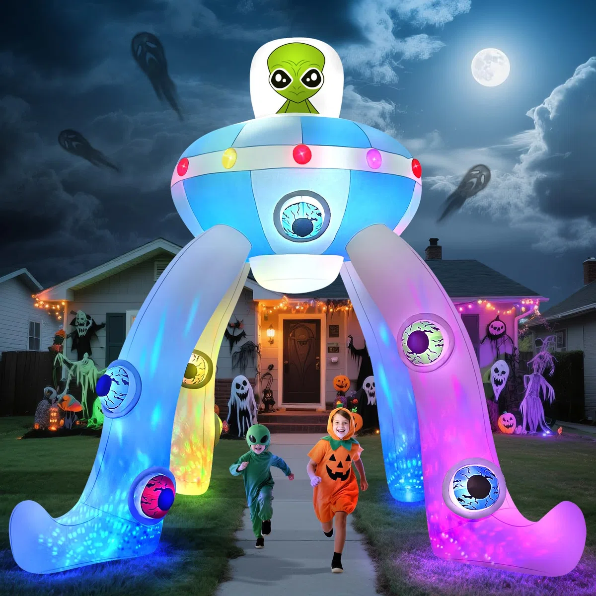 Kalolary 12FT Halloween Hüpfburgen, riesiger Alien Bogen mit integrierten bunten Blinklichtern,Halloween Dekoration für den Außenbereich, für Garten, Rasen und Innenräumer (Alien UFO Torbogen)