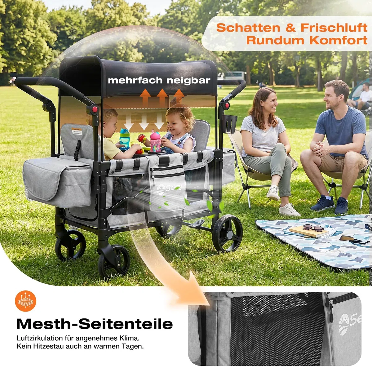 Sekey Bollerwagen Kinder Zwillingsmodus, Bollerwagen Faltbar mit Dach 2 Kinder, Duo Schiebegriff Kinderwagen Doppelsitz mit 2 integrierten 5-Punkt-Gurtsystem, Zwillingskinderwagen Luxer 6060, Grau