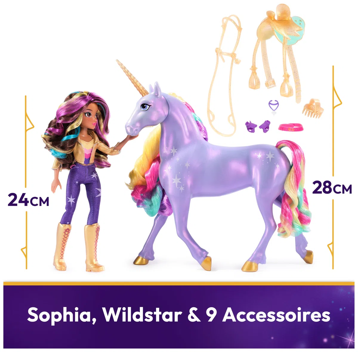 Unicorn Academy - Sophia und Licht-Magie Wildstar Deluxe Set, 28 cm Einhorn mit Lichteffekten und Musik, 24 cm Ankleidepuppe, passend zur Netflix Serie, ab 4 Jahren