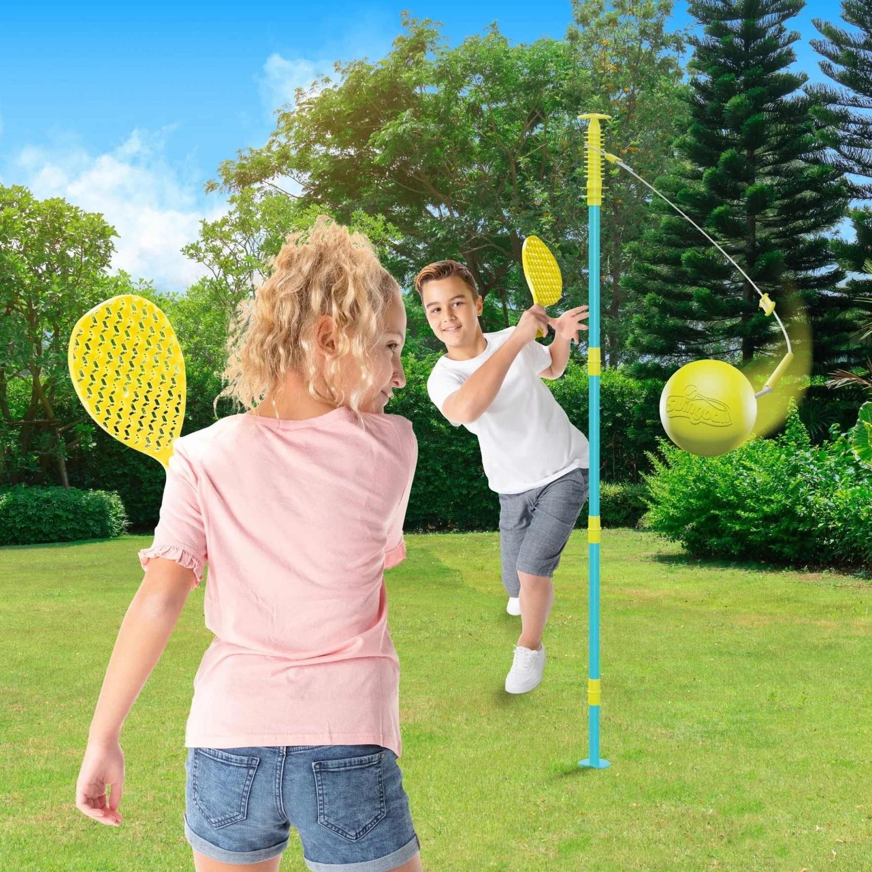Swingball 7290AM 2 in 1 Multiplay, Tennisspiel, Fußballspiel, für Kinder ab 4 Jahren, Outdoor-Spiele, Gartenspiele