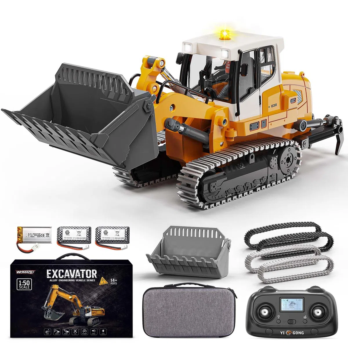 RC Radlader 1:50,Mini RC Loader Laderaupe Spindelantrieb | mit Metallschaufel, Metallketten, 2,4 GHz LCD-Fernbedienung, Licht & Sound, 2 Akkus, für Erwachsene und ab 6 Jahren