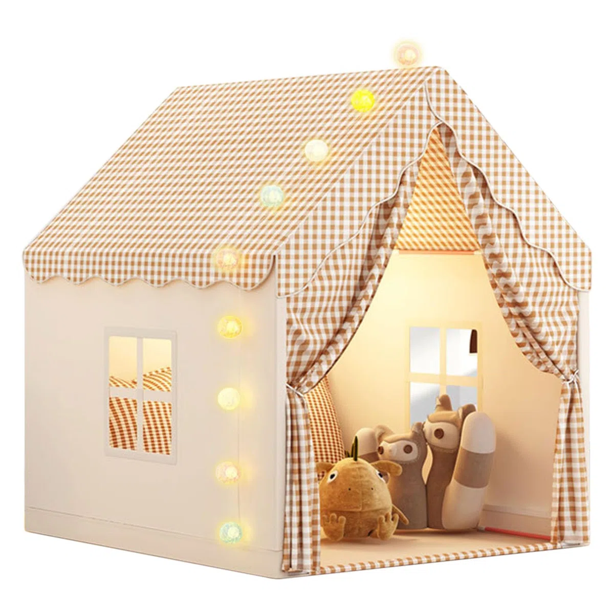 Kinderzelt mit Lichtern und Flaggen, Kinder Bettzelt, Innenbettzelt für Kleinkinder, Spielzelt für drinnen, Prinzessin Zelt mit Fenstern, Kinderspielhaus für Jungen und Mädchen - Khaki (47 * 40 * 51)